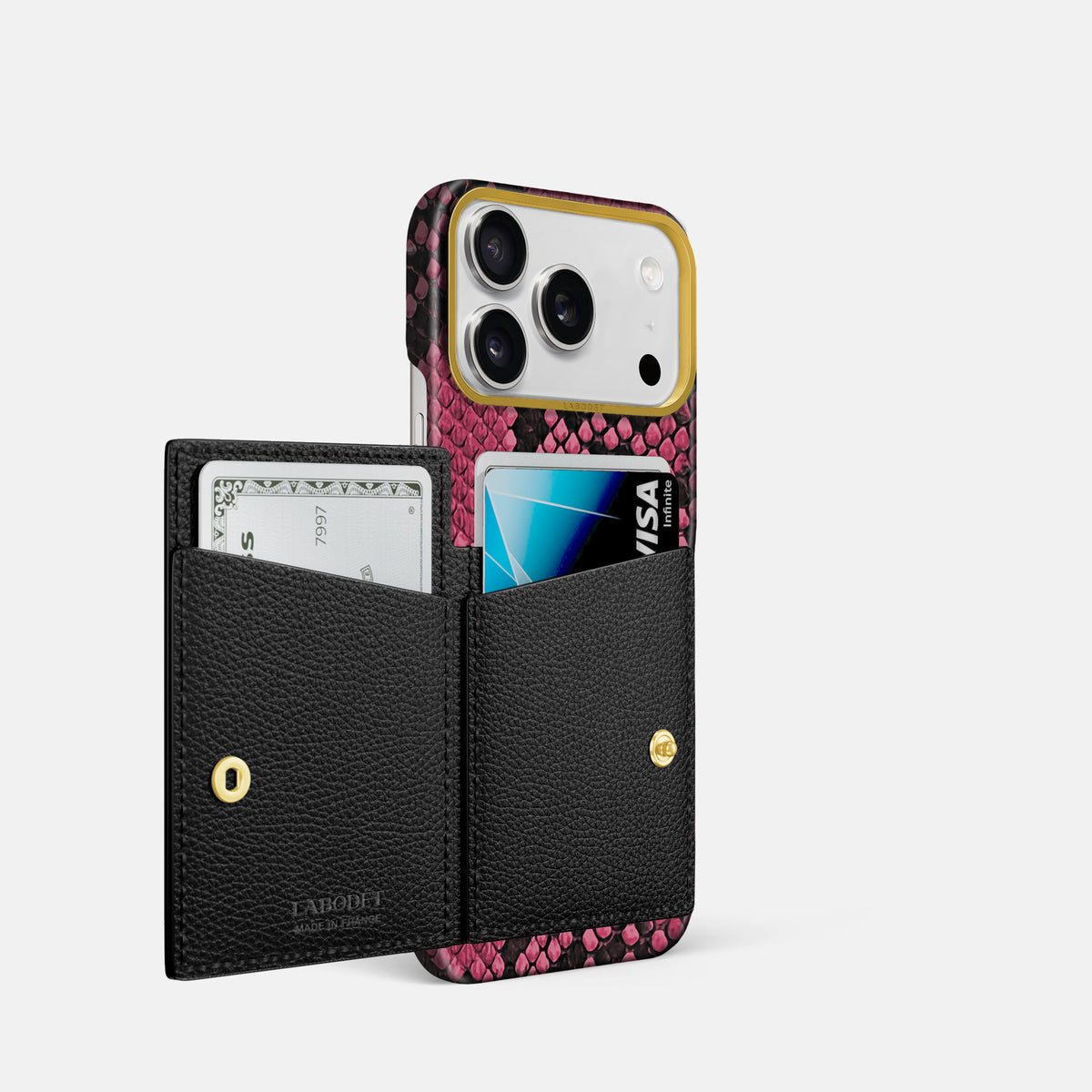 Bi-Fold Case For iPhone 17 Pro In Deluxe Python -2 | Burgundy-Gold