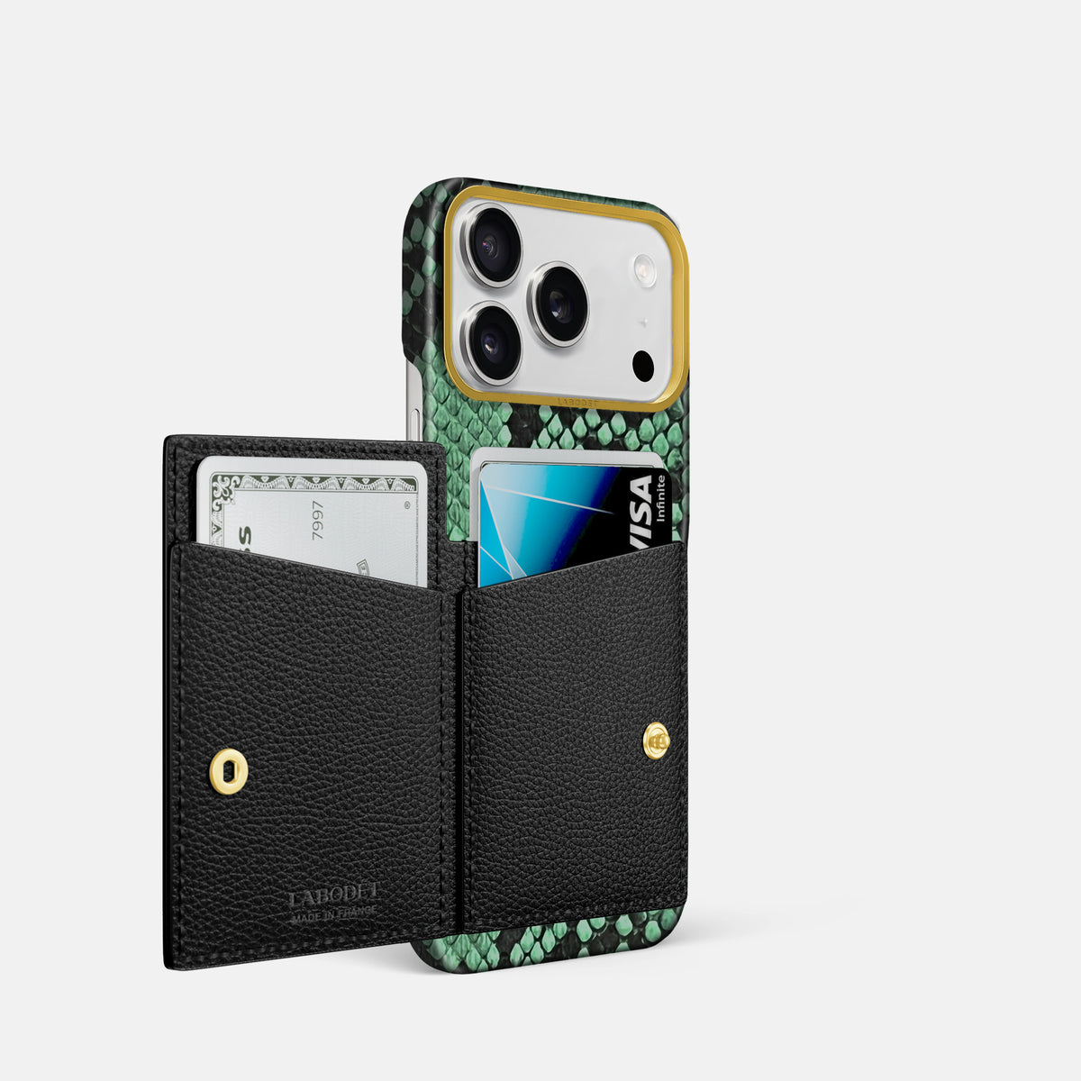 Bi-Fold Case For iPhone 17 Pro In Deluxe Python -2 | Forest-Green-Gold