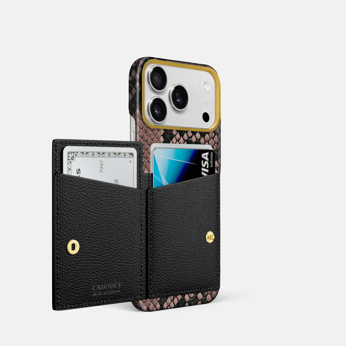 Bi-Fold Case For iPhone 17 Pro In Deluxe Python -2 | Mahogany-Brown-Gold