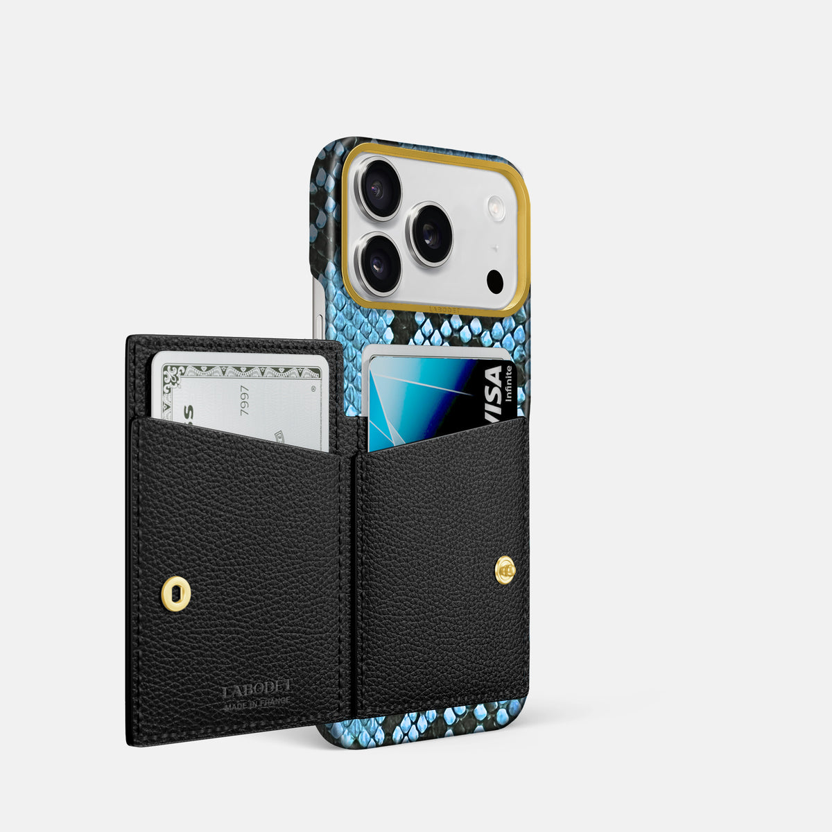 Bi-Fold Case For iPhone 17 Pro In Deluxe Python -2 | Pacific-Blue-Gold