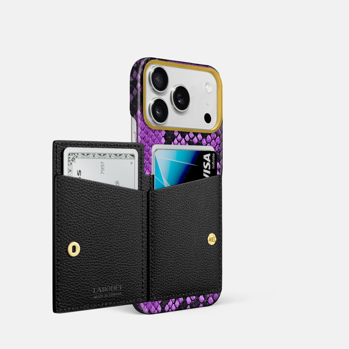 Bi-Fold Case For iPhone 17 Pro In Deluxe Python -2 | Purple-Gold