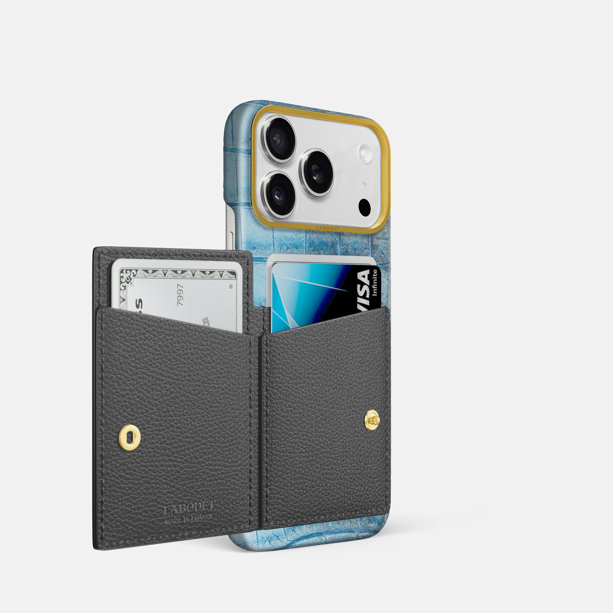Bi-Fold Case For iPhone 17 Pro In Himalayan Crocodile -2 | Ice-Blue-Gold