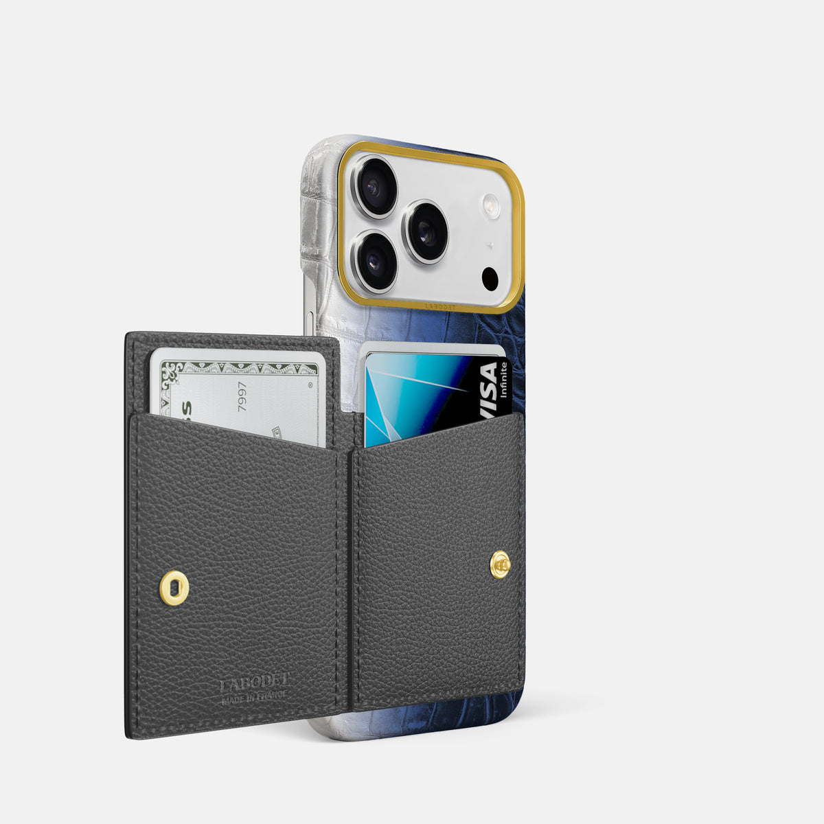 Bi-Fold Case For iPhone 17 Pro In Himalayan Crocodile -2 | Navy-Blue-Gold