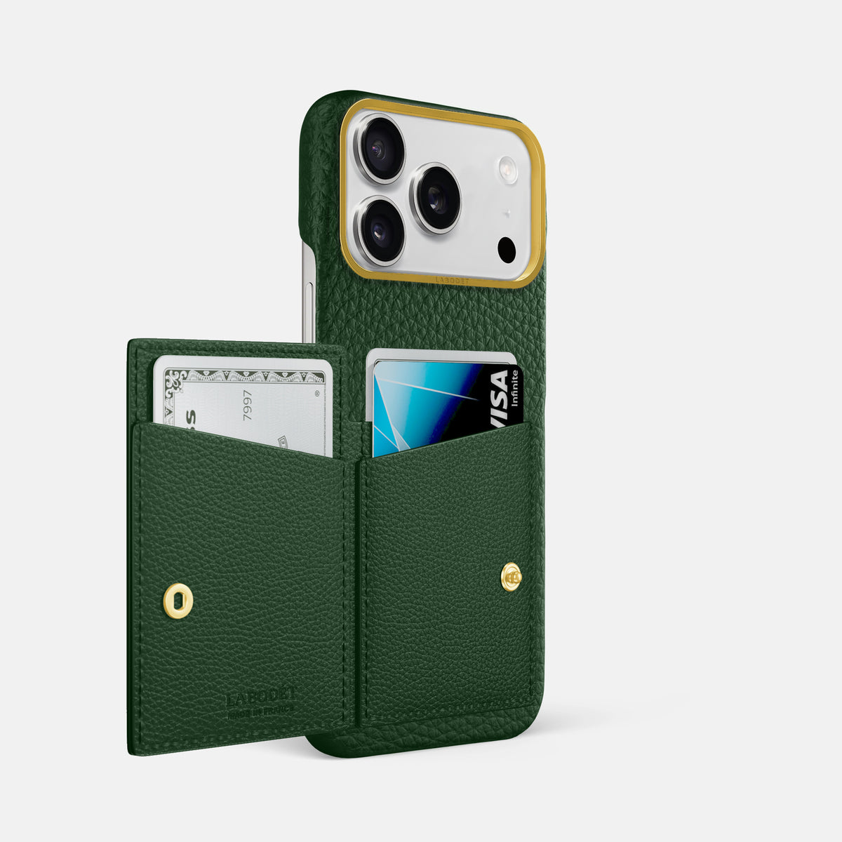 Bi-Fold Case For iPhone 17 Pro Max In Calf -2 | Dark-Green-Gold