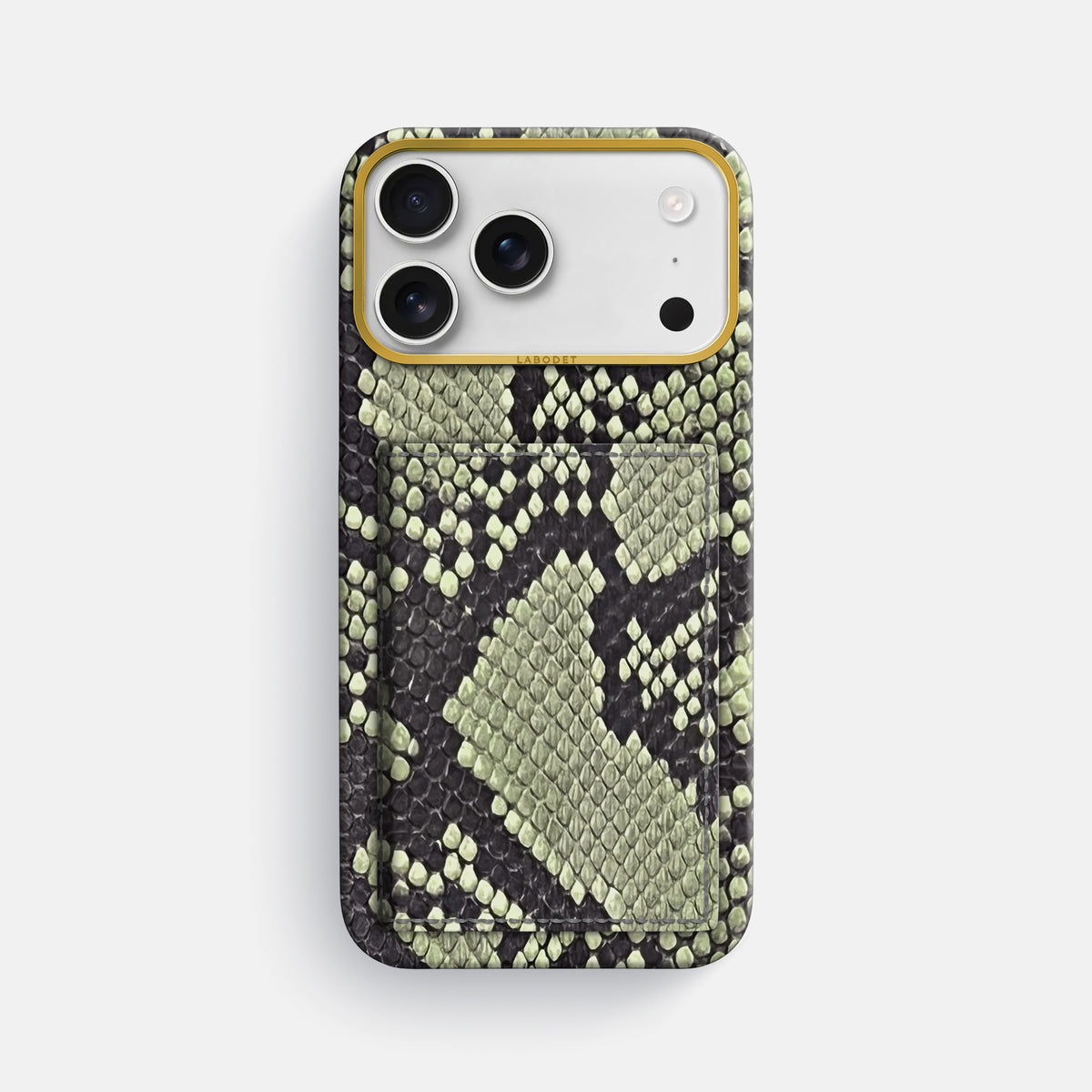 Bi-Fold Case For iPhone 17 Pro Max In Deluxe Python -1 | Army-Green-Gold