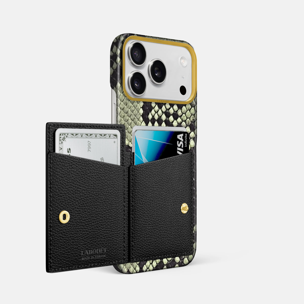 Bi-Fold Case For iPhone 17 Pro Max In Deluxe Python -2 | Army-Green-Gold