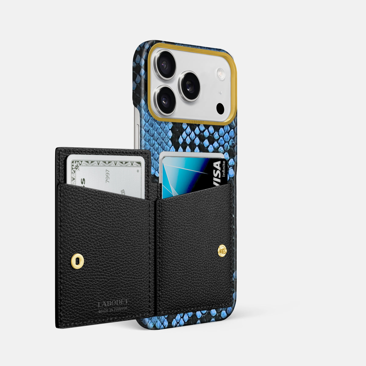 Bi-Fold Case For iPhone 17 Pro Max In Deluxe Python -2 | Blue-Jeans-Gold