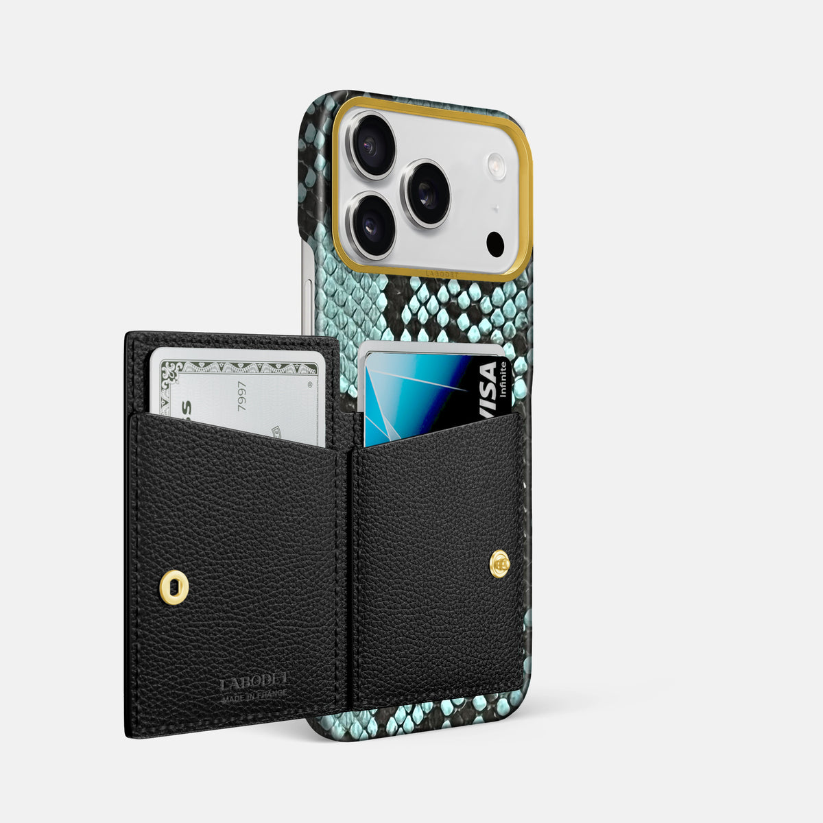 Bi-Fold Case For iPhone 17 Pro Max In Deluxe Python -2 | Blue-Lagoon-Gold