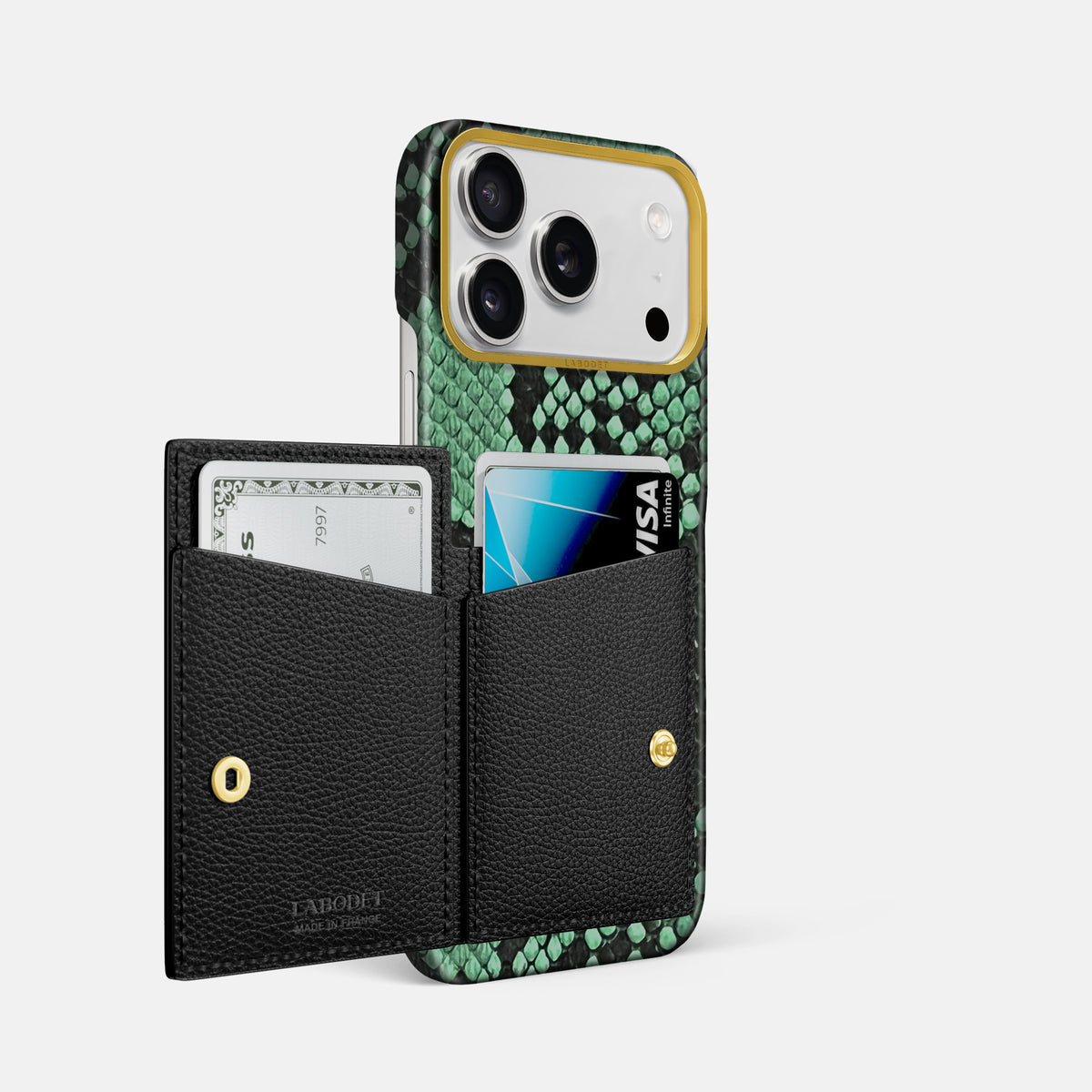 Bi-Fold Case For iPhone 17 Pro Max In Deluxe Python -2 | Forest-Green-Gold