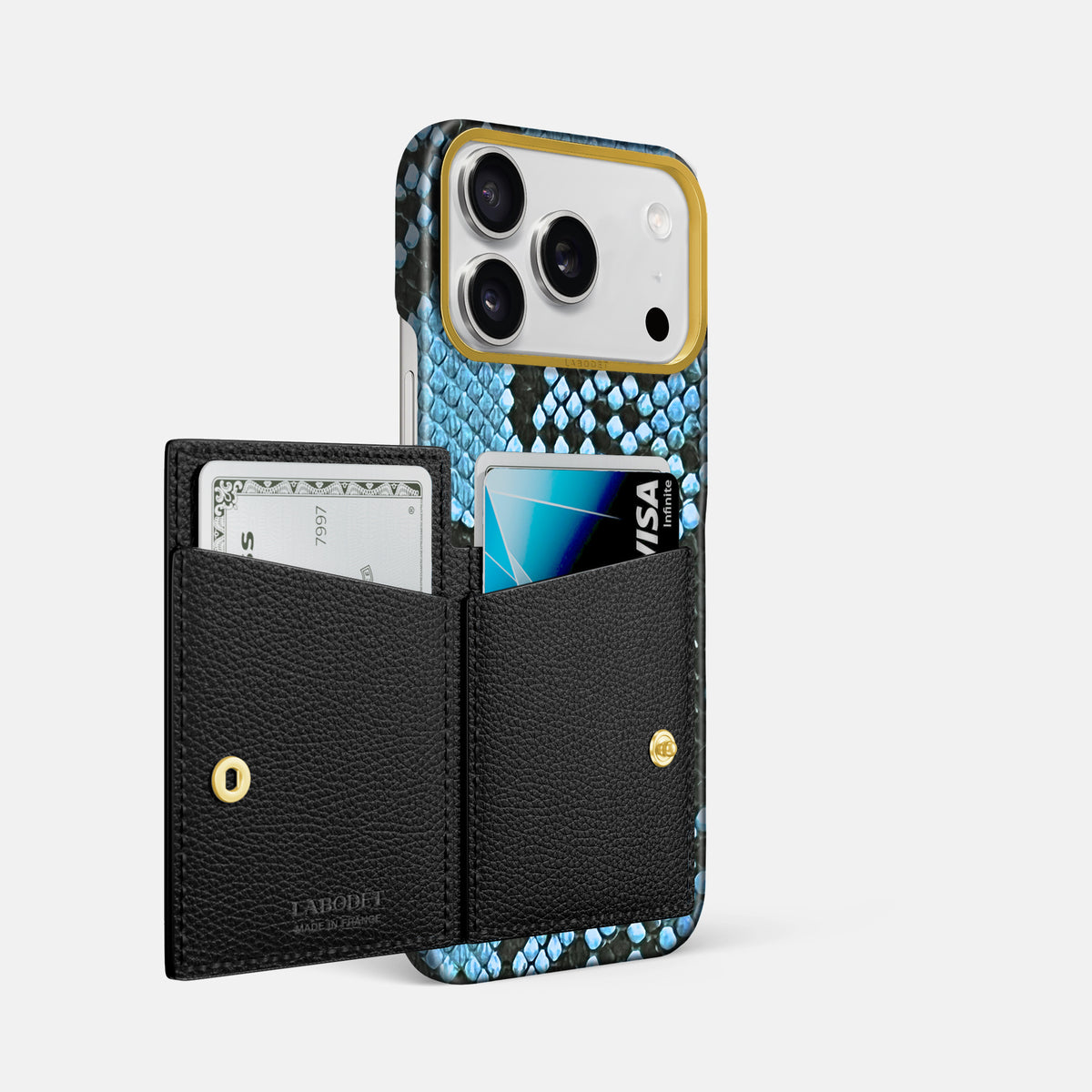 Bi-Fold Case For iPhone 17 Pro Max In Deluxe Python -2 | Pacific-Blue-Gold