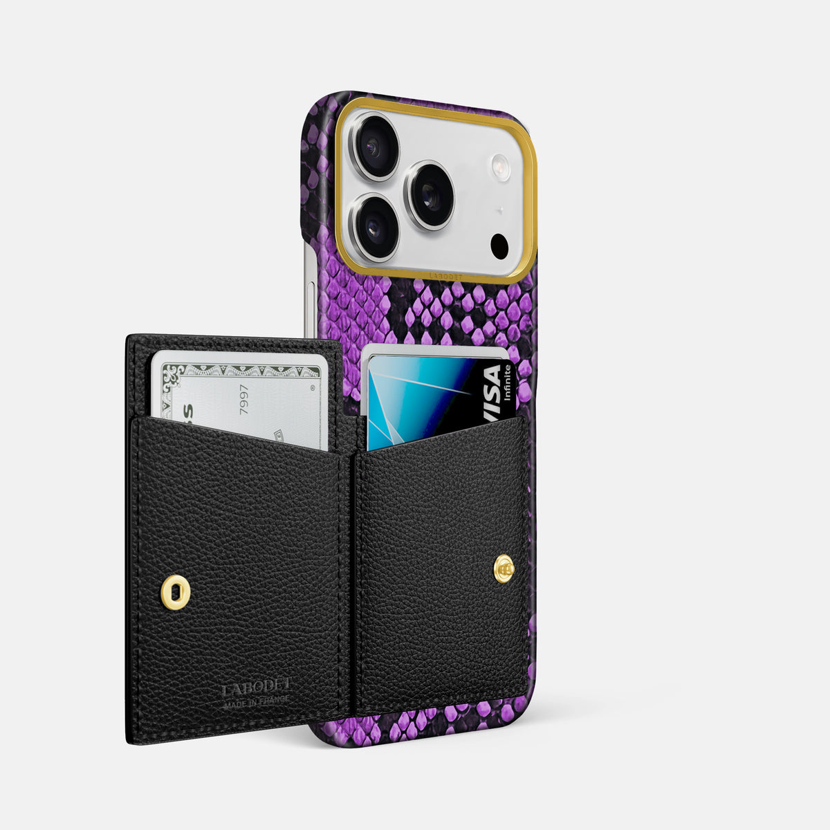 Bi-Fold Case For iPhone 17 Pro Max In Deluxe Python -2 | Purple-Gold
