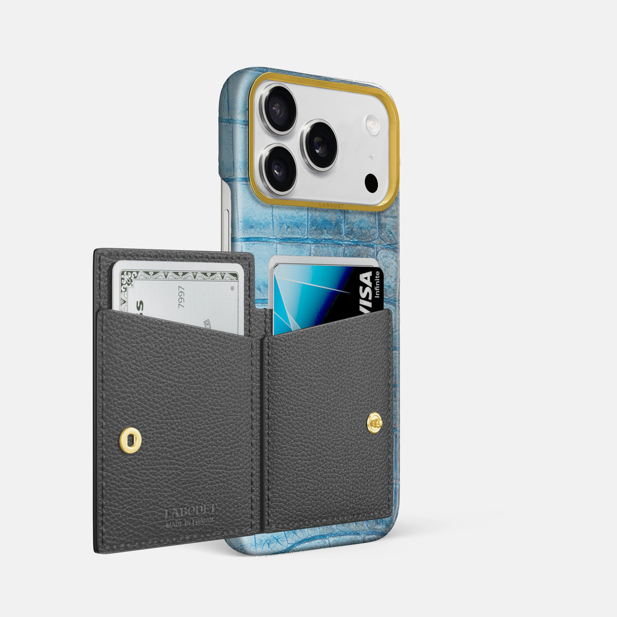 Bi-Fold Case For iPhone 17 Pro Max In Himalayan Crocodile -2 | Ice-Blue-Gold