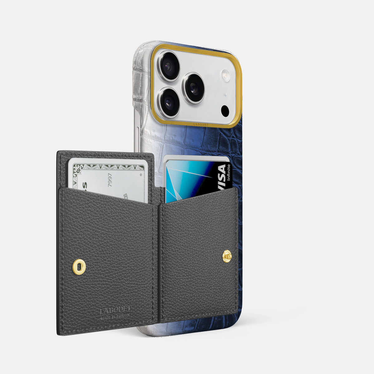 Bi-Fold Case For iPhone 17 Pro Max In Himalayan Crocodile -2 | Navy-Blue-Gold