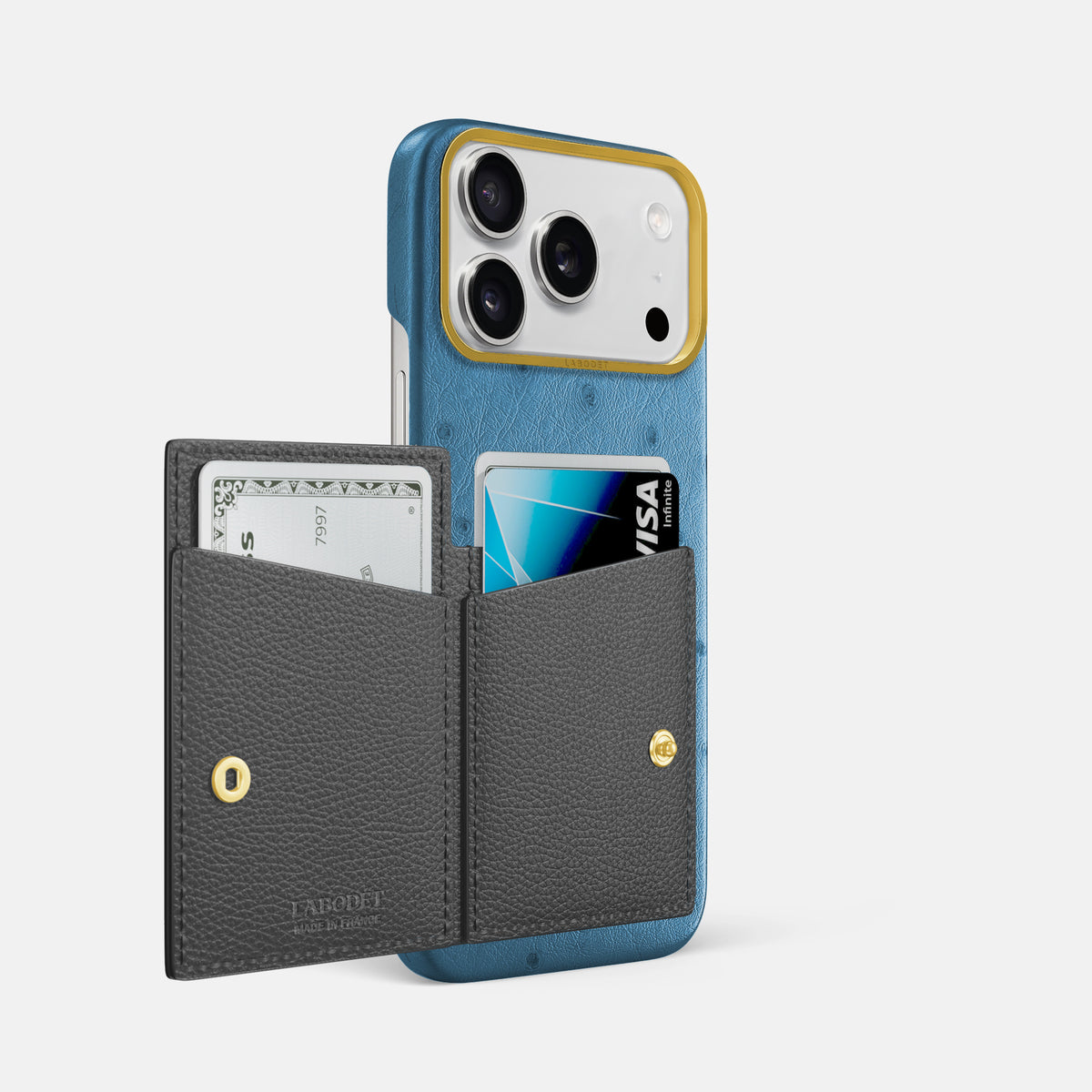 Bi-Fold Case For iPhone 17 Pro Max In Ostrich -2 | Blue-Jeans-Gold