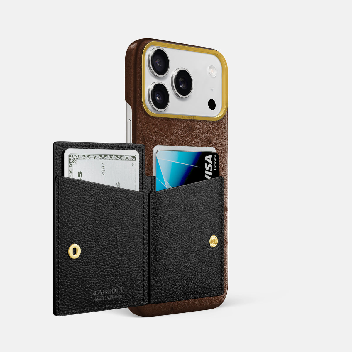 Bi-Fold Case For iPhone 17 Pro Max In Ostrich -2 | Chocolate-Gold