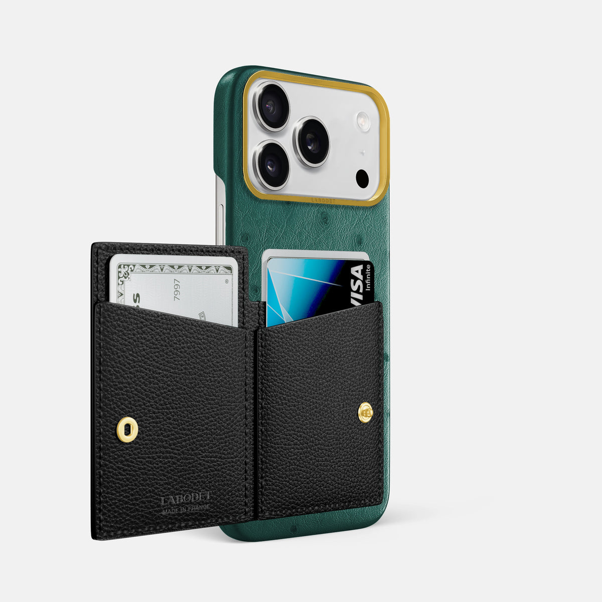 Bi-Fold Case For iPhone 17 Pro Max In Ostrich -2 | Forest-Green-Gold
