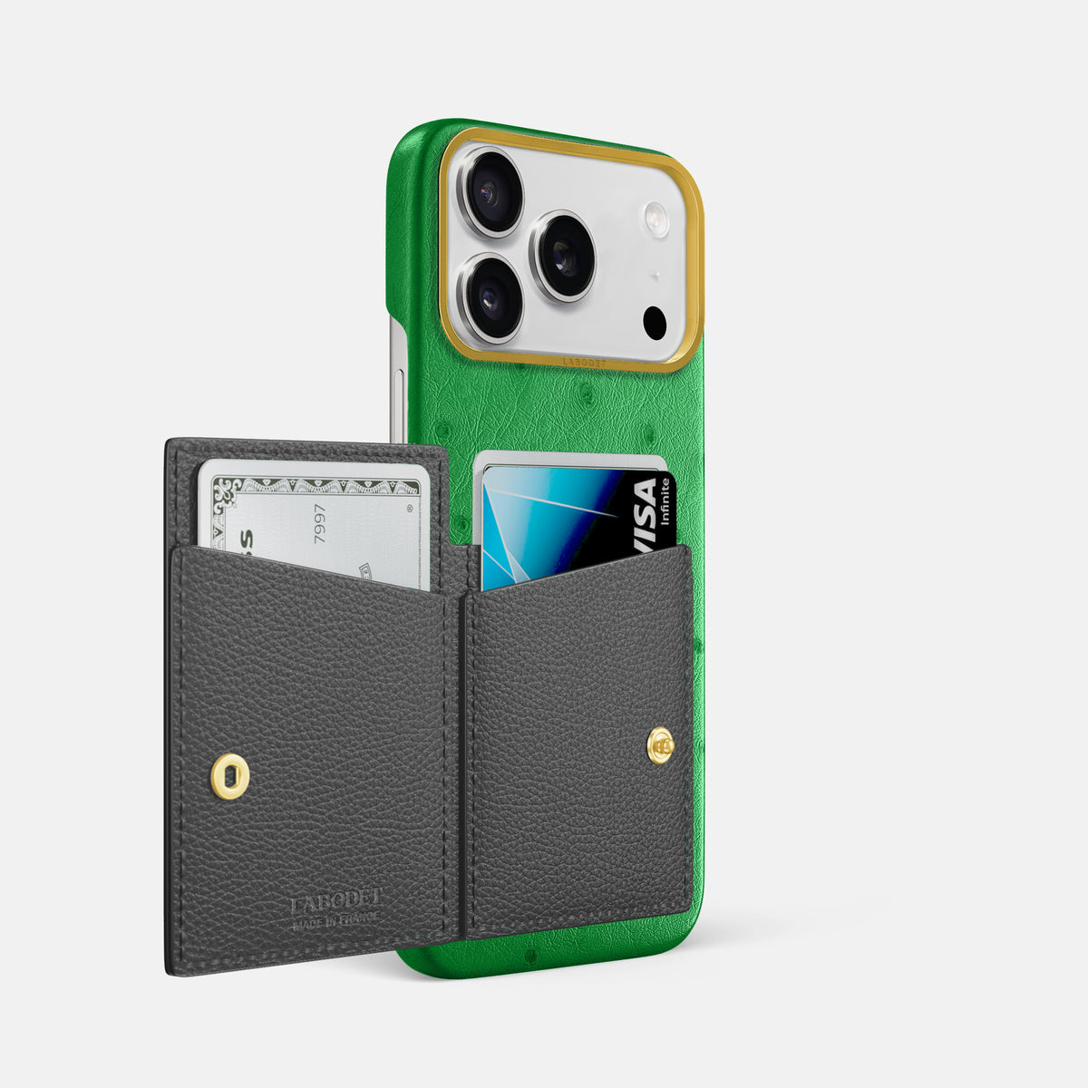 Bi-Fold Case For iPhone 17 Pro Max In Ostrich -2 | Kentucky-Green-Gold