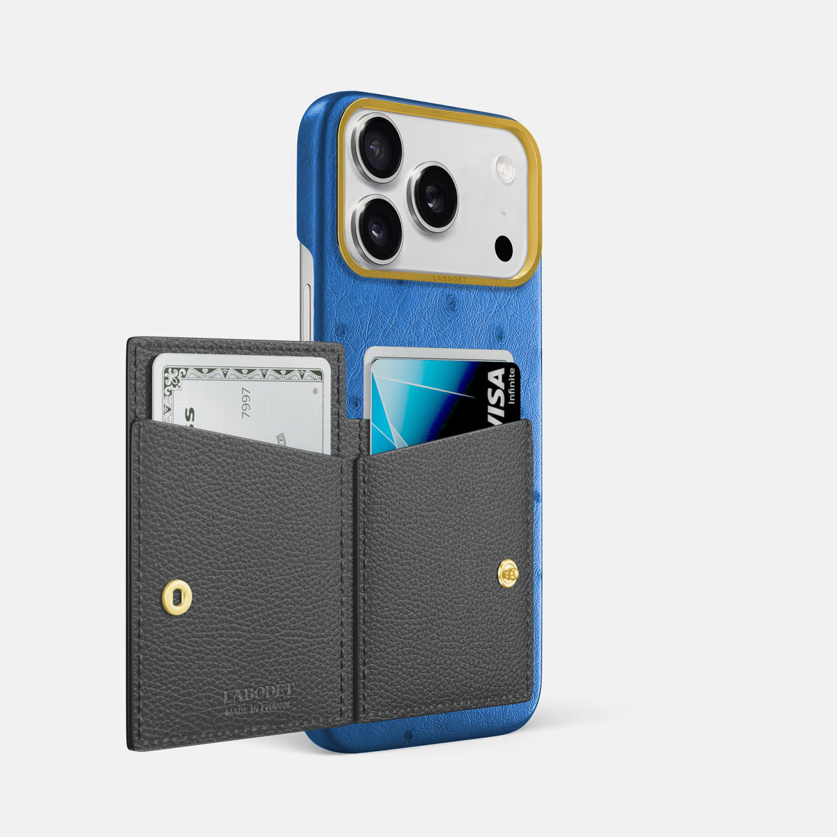 Bi-Fold Case For iPhone 17 Pro Max In Ostrich -2 | Royal-Blue-Gold