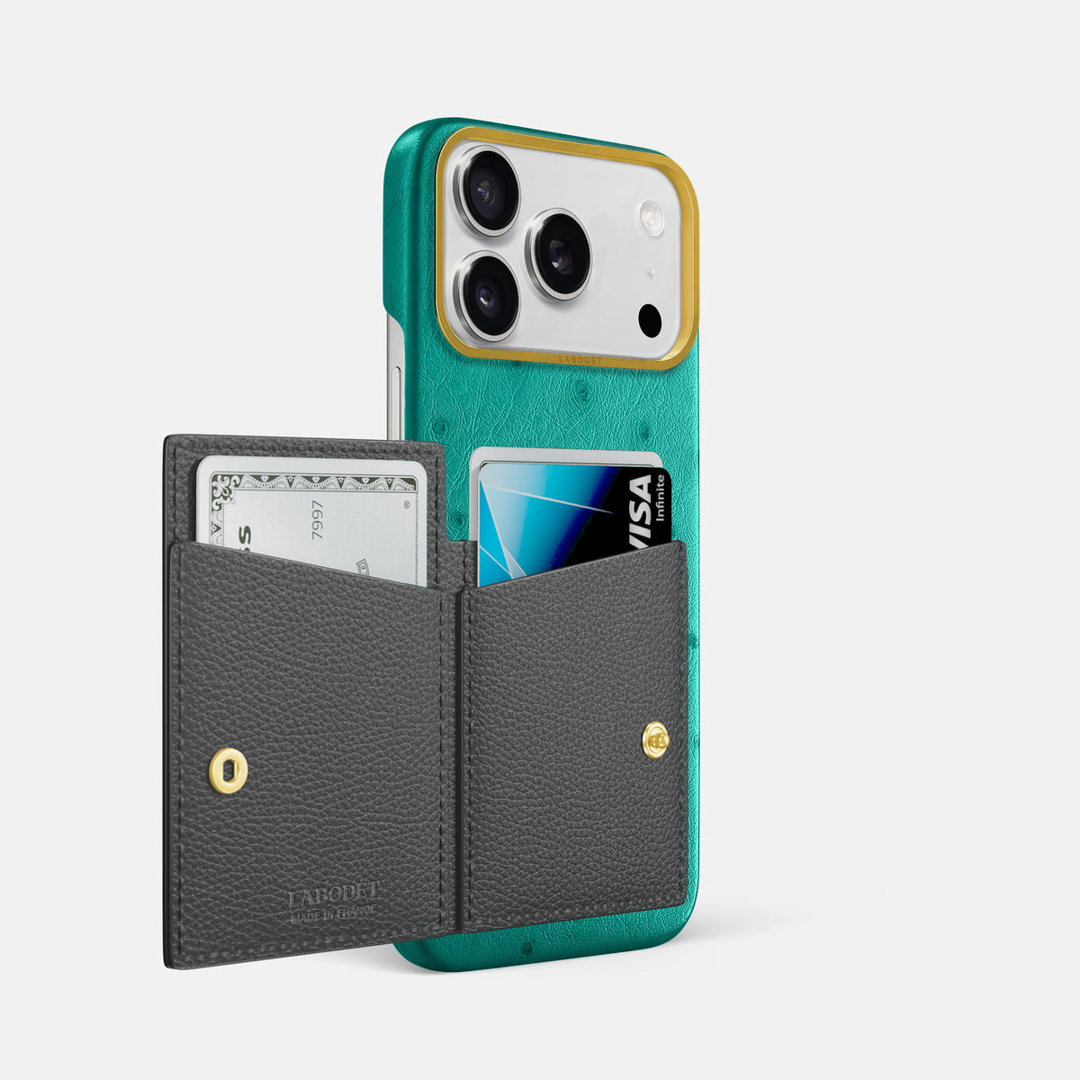 Bi-Fold Case For iPhone 17 Pro Max In Ostrich -2 | Turquoise-Gold