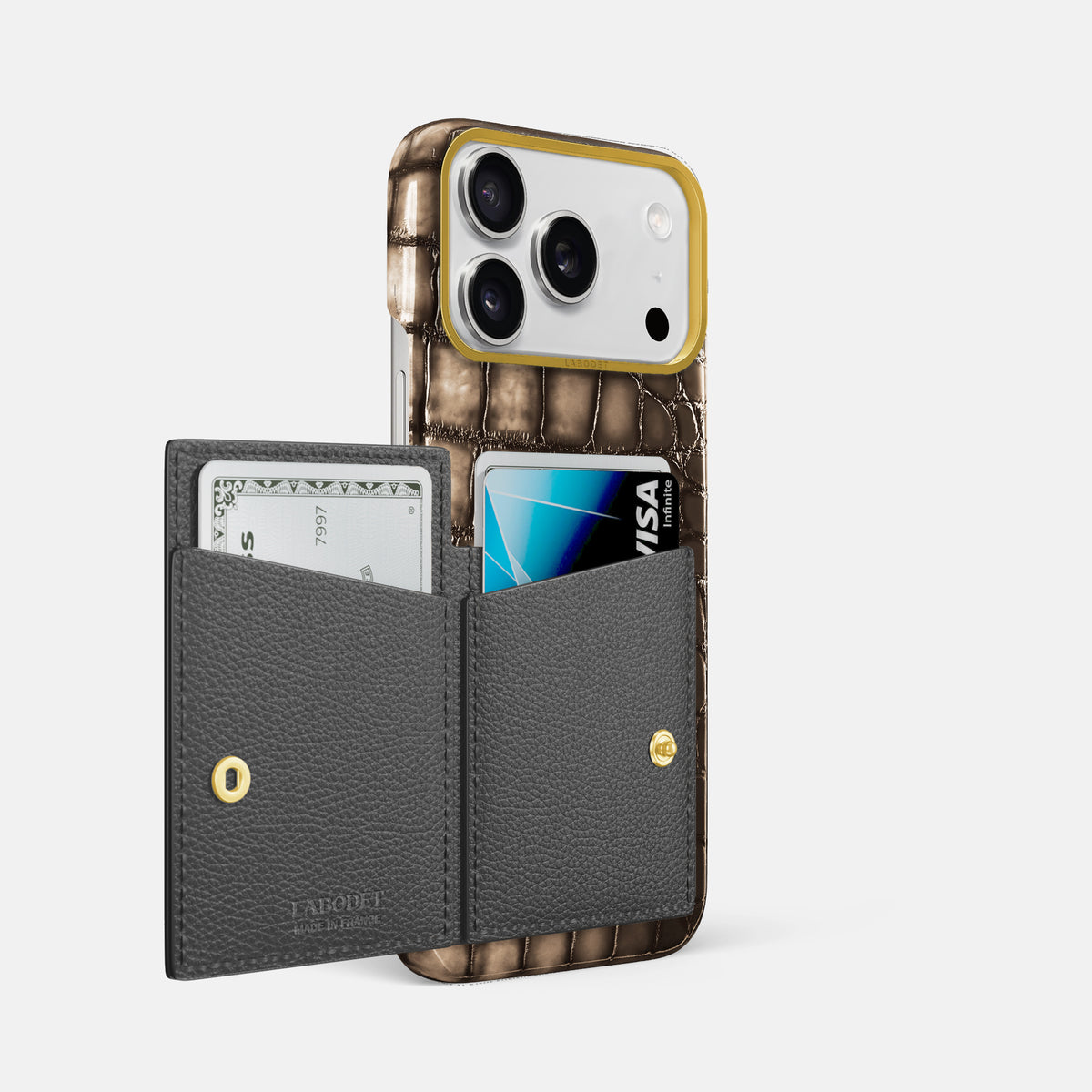 Bi-Fold Case For iPhone 17 Pro Max In Patina Alligator -2 | Etoupe-Gold
