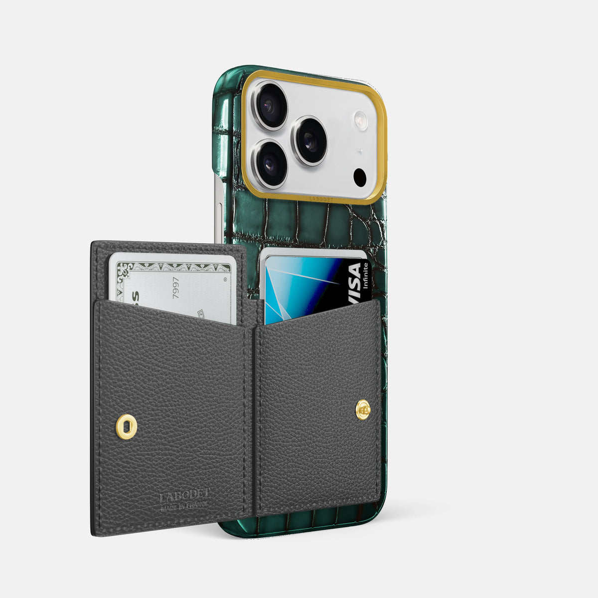Bi-Fold Case For iPhone 17 Pro Max In Patina Alligator -2 | Green-Gold