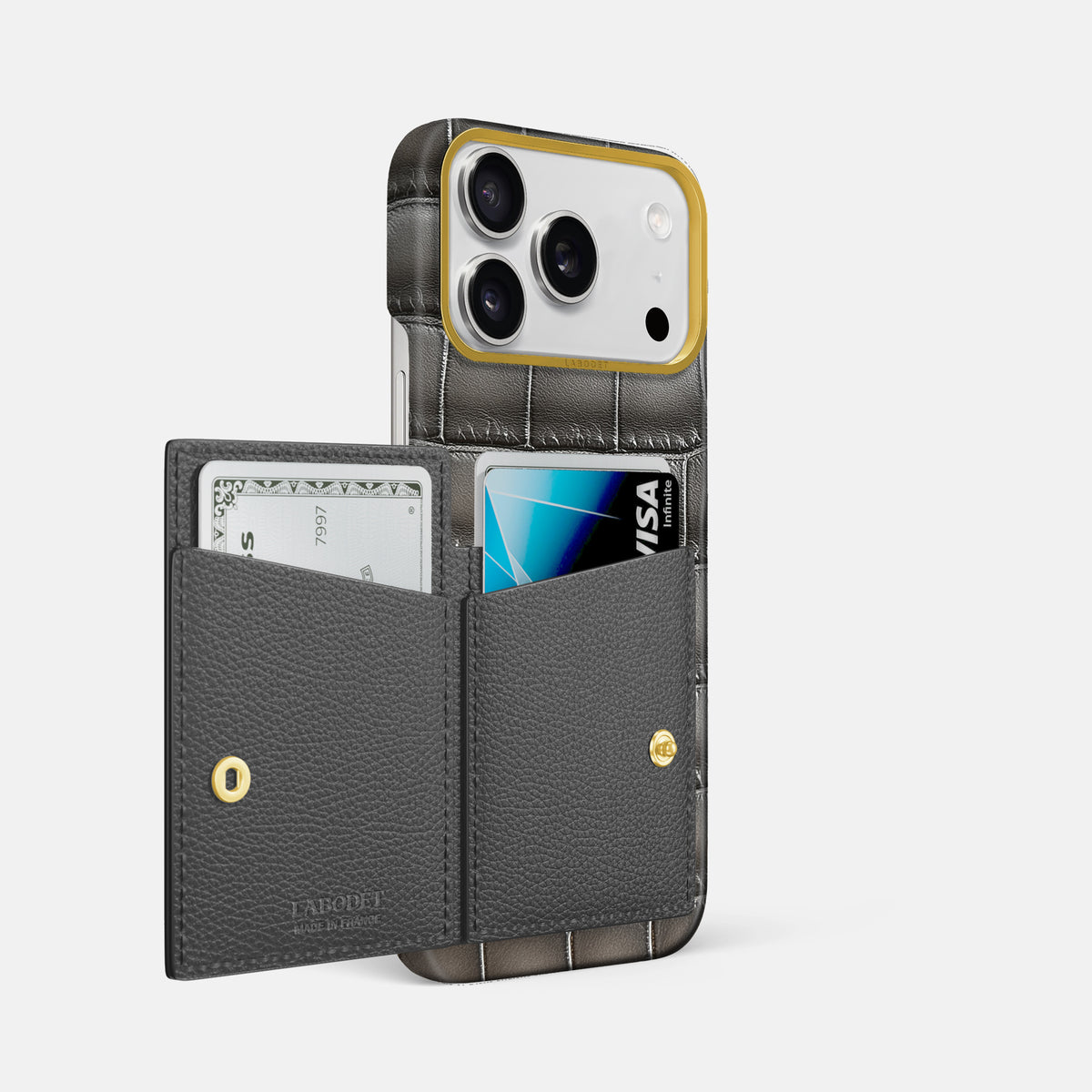 Bi-Fold Case For iPhone 17 Pro Max In Patina Alligator -2 | Grey-Gold