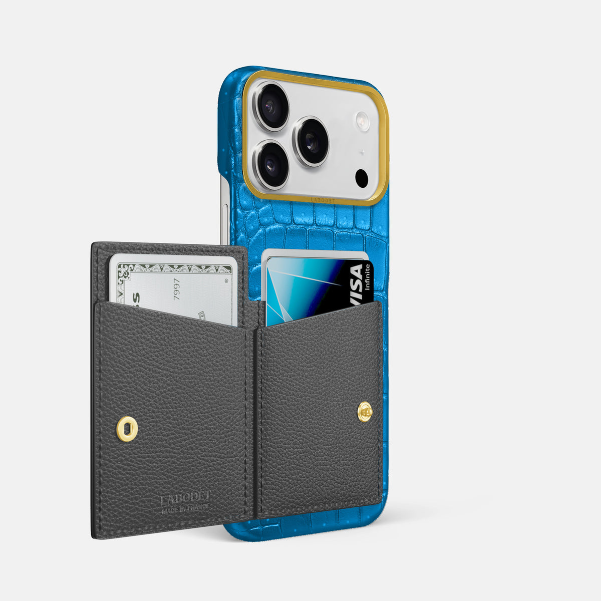 Bi-Fold Case For iPhone 17 Pro Max In Porosus Crocodile -2 | Blue-Lagoon-Gold