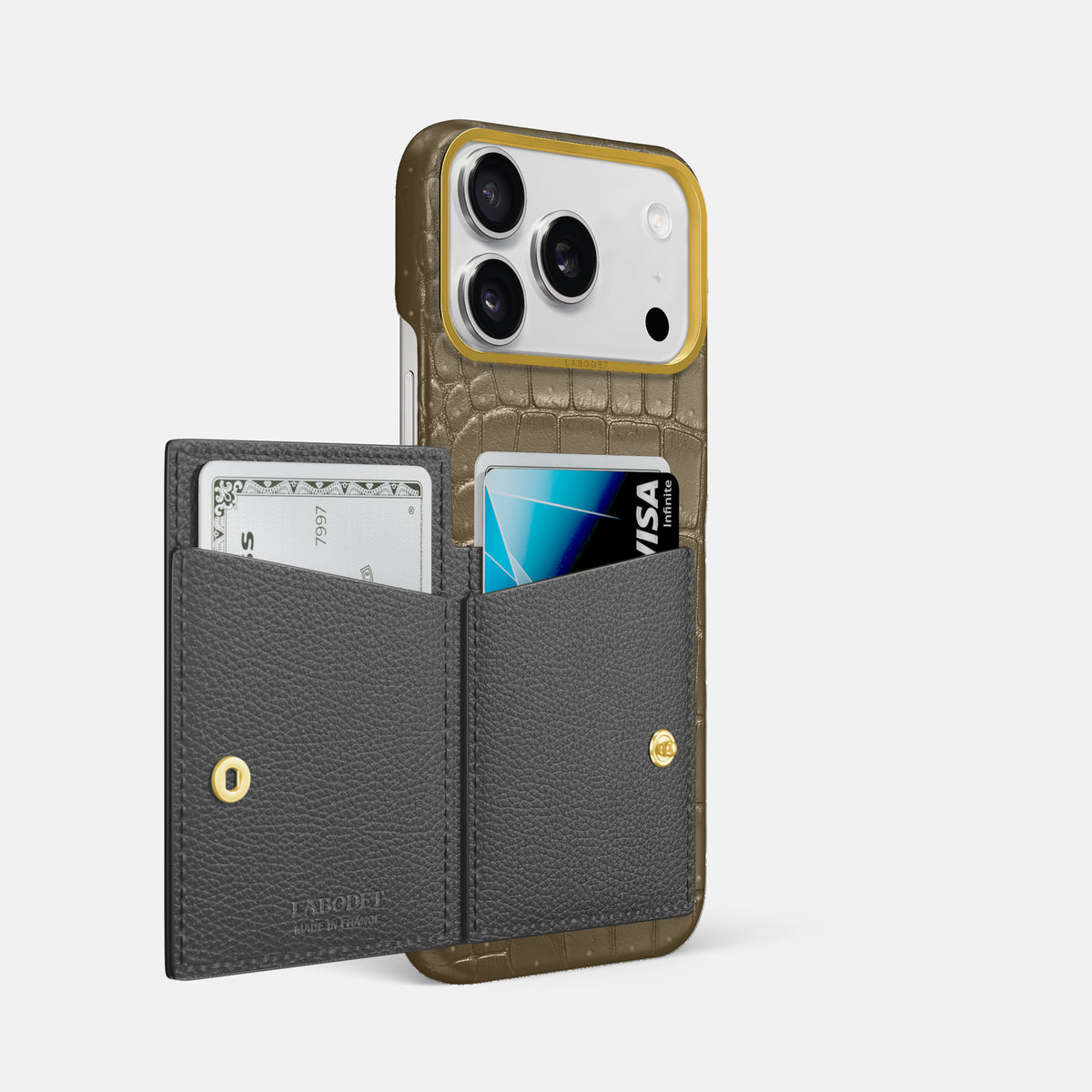 Bi-Fold Case For iPhone 17 Pro Max In Porosus Crocodile -2 | Kaki-Green-Gold
