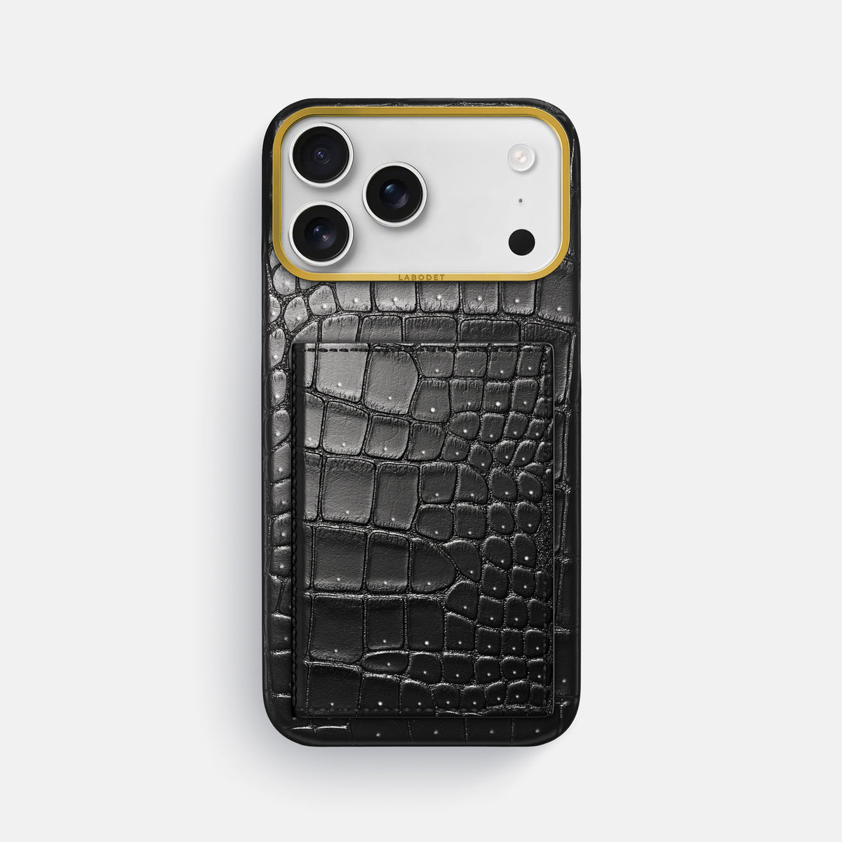 Bi-Fold Case For iPhone 17 Pro Max In Porosus Crocodile -1 | Shiny-Black-Gold
