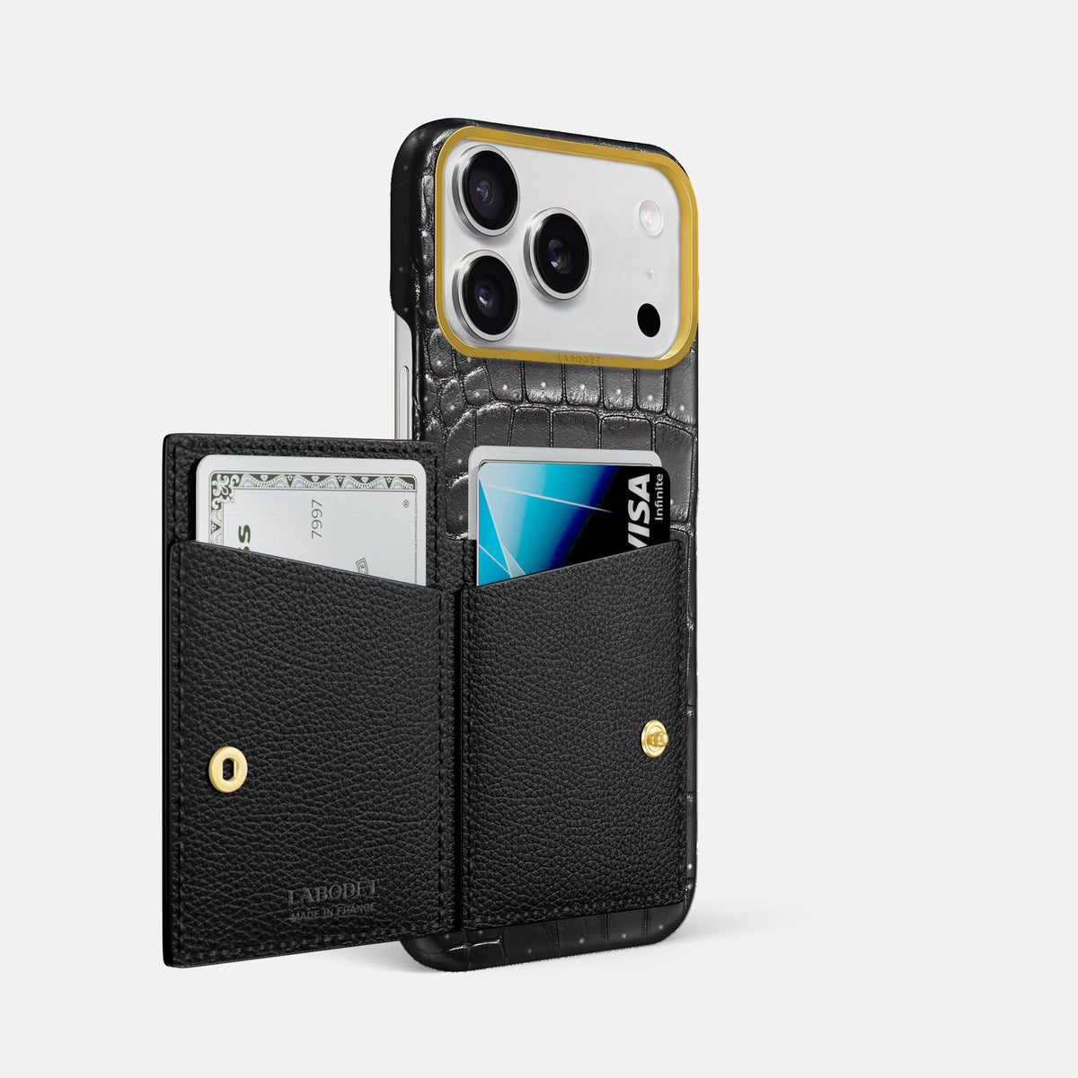 Bi-Fold Case For iPhone 17 Pro Max In Porosus Crocodile -2 | Shiny-Black-Gold