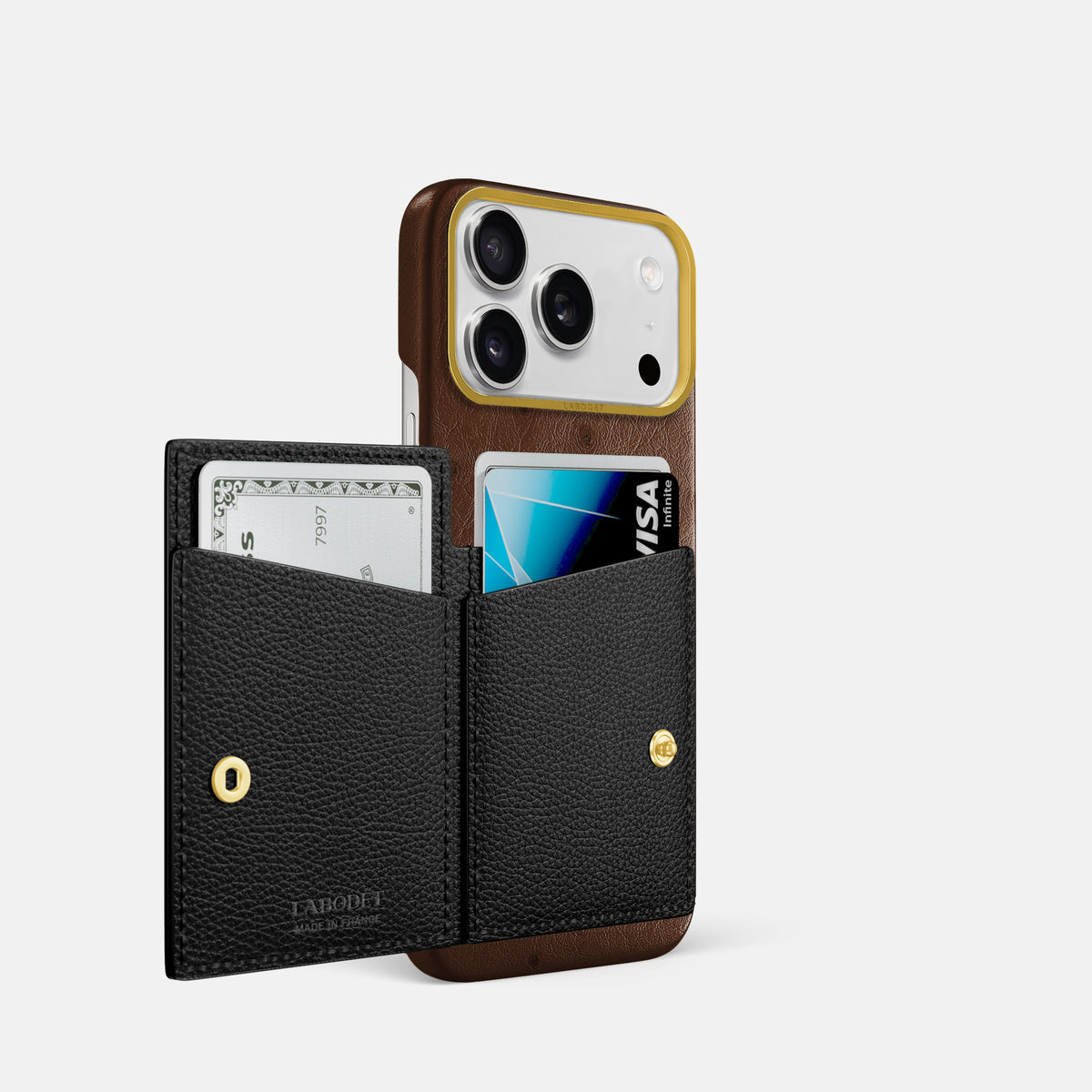 Bi-Fold Case For iPhone 17 Pro In Ostrich -2 | Chocolate-Gold