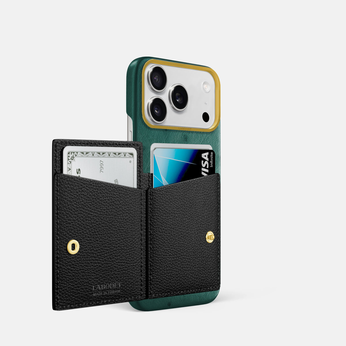 Bi-Fold Case For iPhone 17 Pro In Ostrich -2 | Forest-Green-Gold