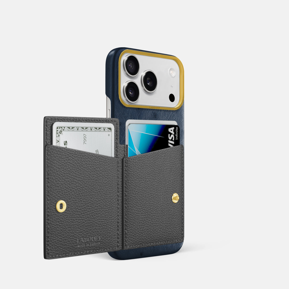 Bi-Fold Case For iPhone 17 Pro In Ostrich -2 | Navy-Blue-Gold