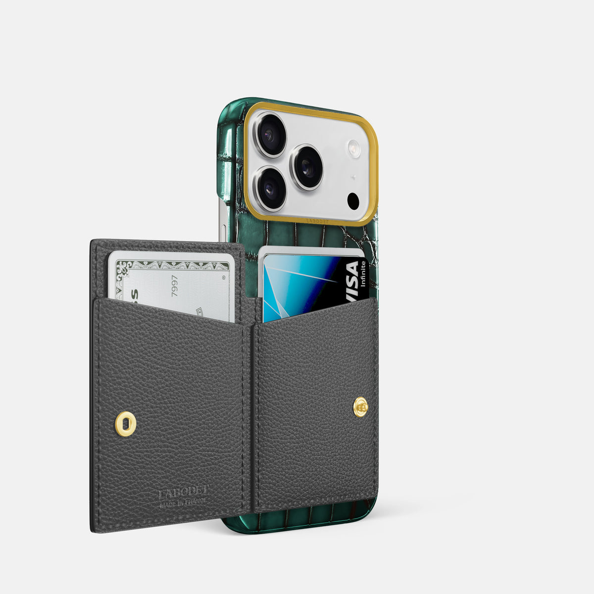 Bi-Fold Case For iPhone 17 Pro In Patina Alligator -2 | Green-Gold