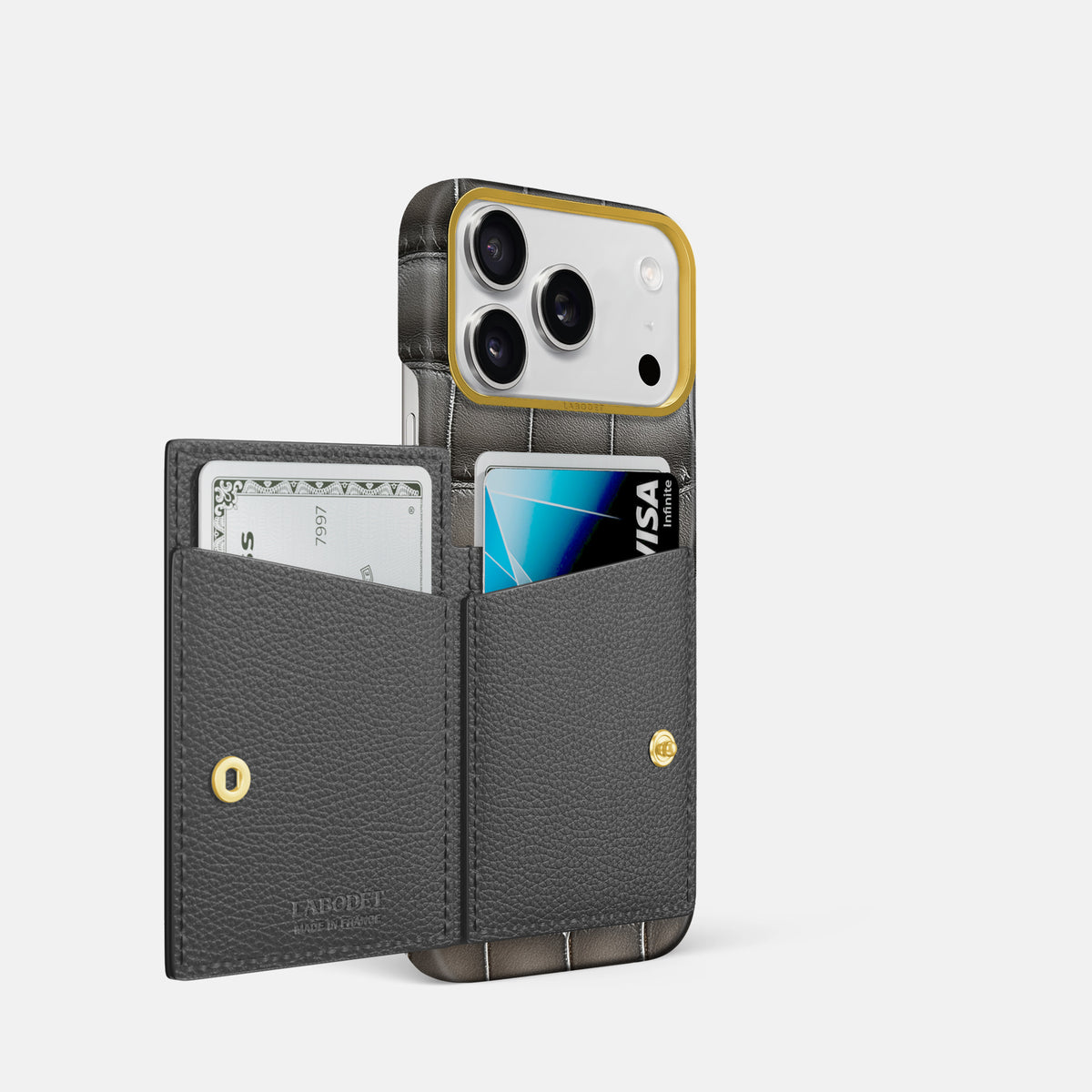 Bi-Fold Case For iPhone 17 Pro In Patina Alligator -2 | Grey-Gold