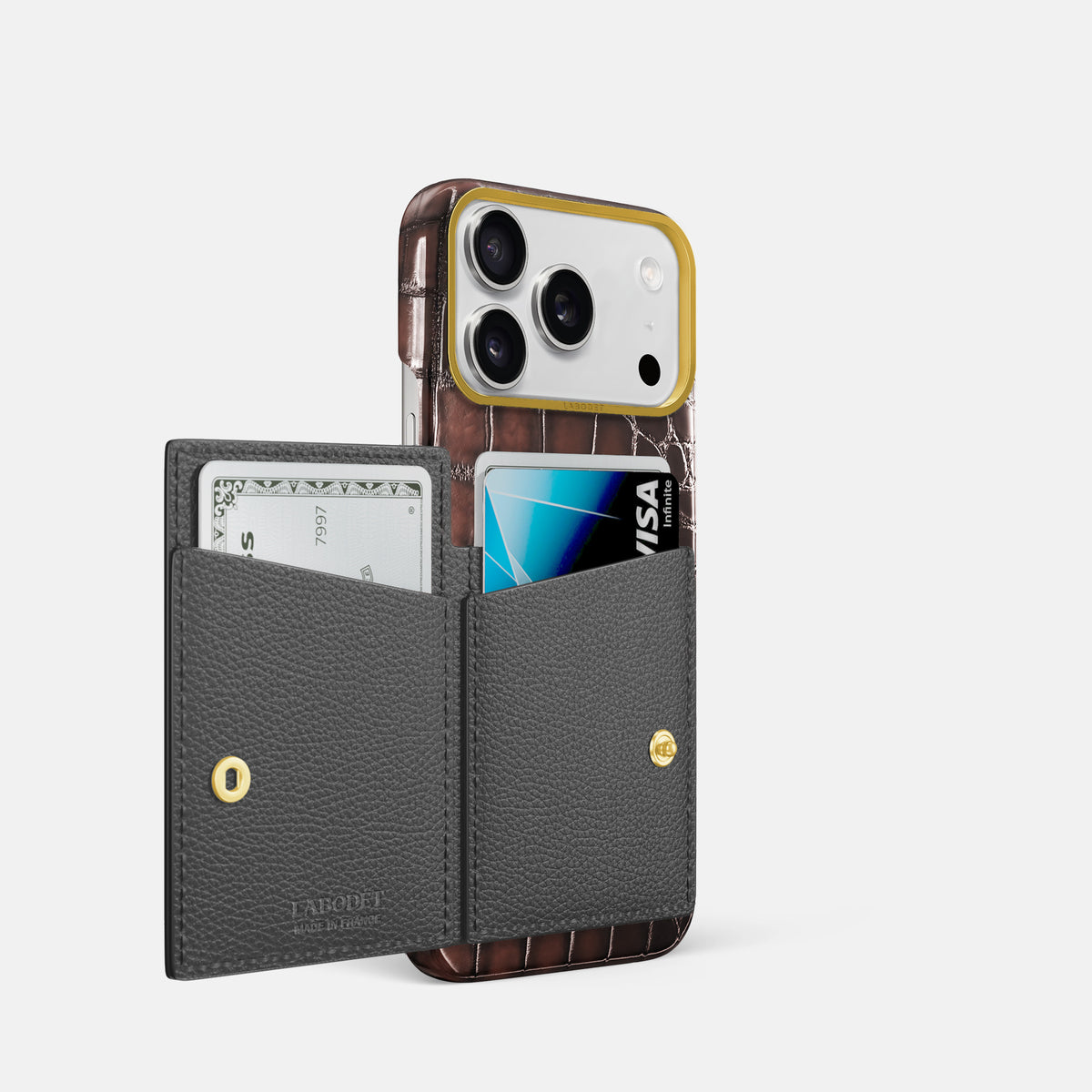 Bi-Fold Case For iPhone 17 Pro In Patina Alligator -2 | Havana-Brown-Gold