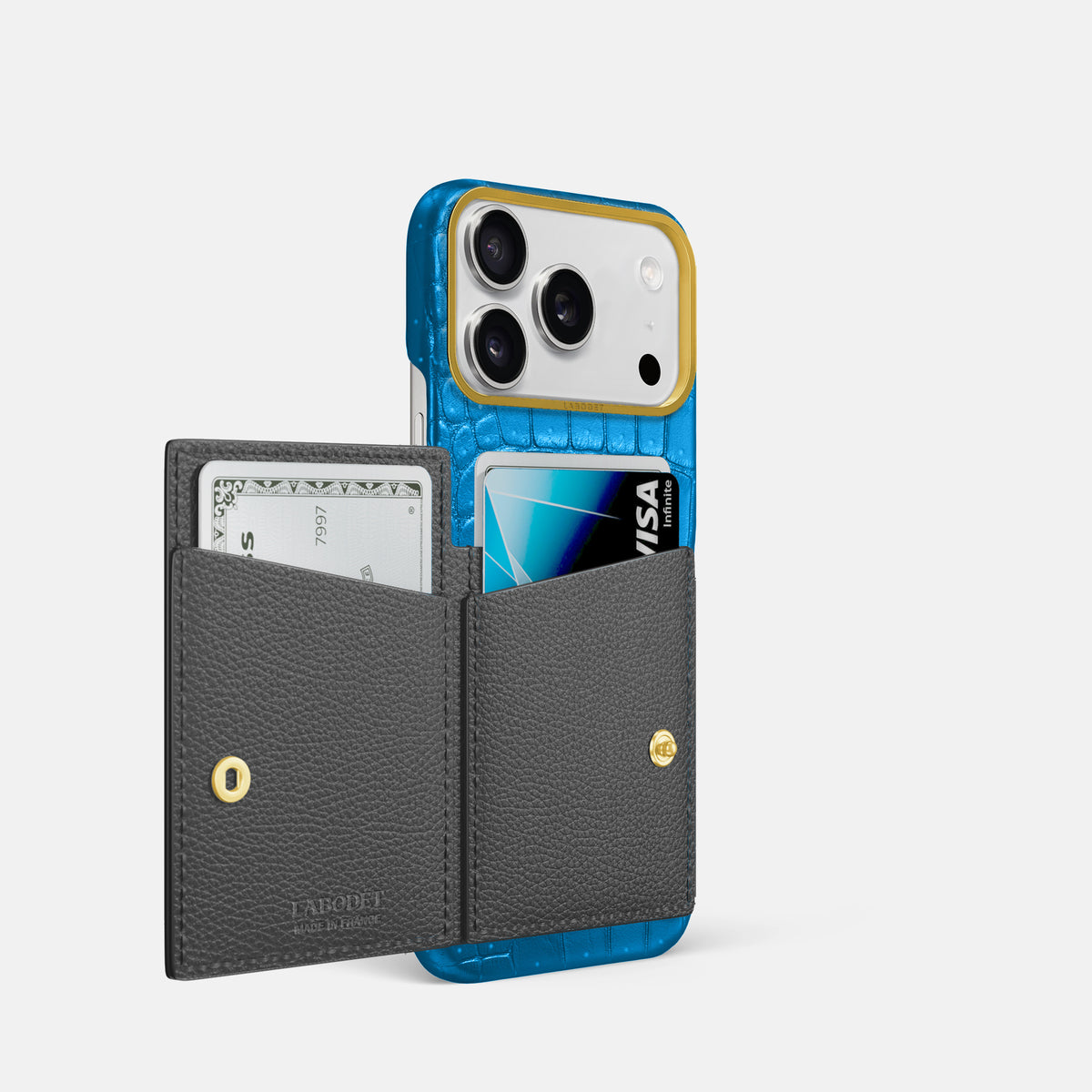 Bi-Fold Case For iPhone 17 Pro In Porosus Crocodile -2 | Blue-Lagoon-Gold