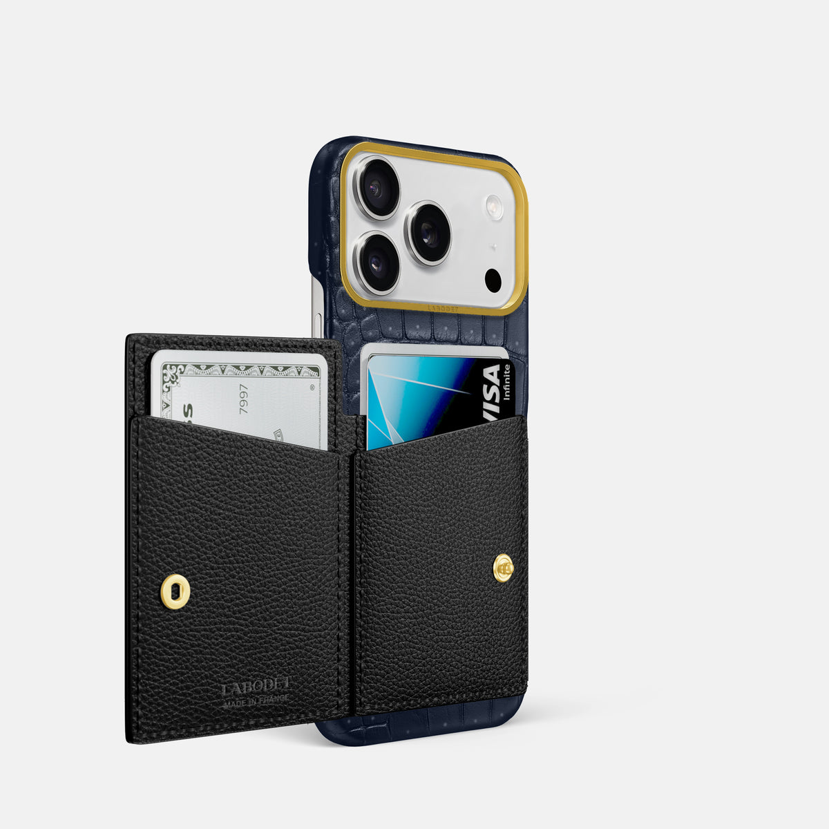 Bi-Fold Case For iPhone 17 Pro In Porosus Crocodile -2 | Deep-Blue-Sea-Gold