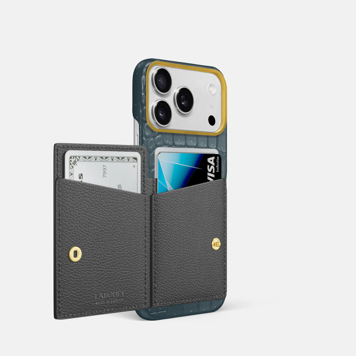 Bi-Fold Case For iPhone 17 Pro In Porosus Crocodile -2 | Denim-Gold