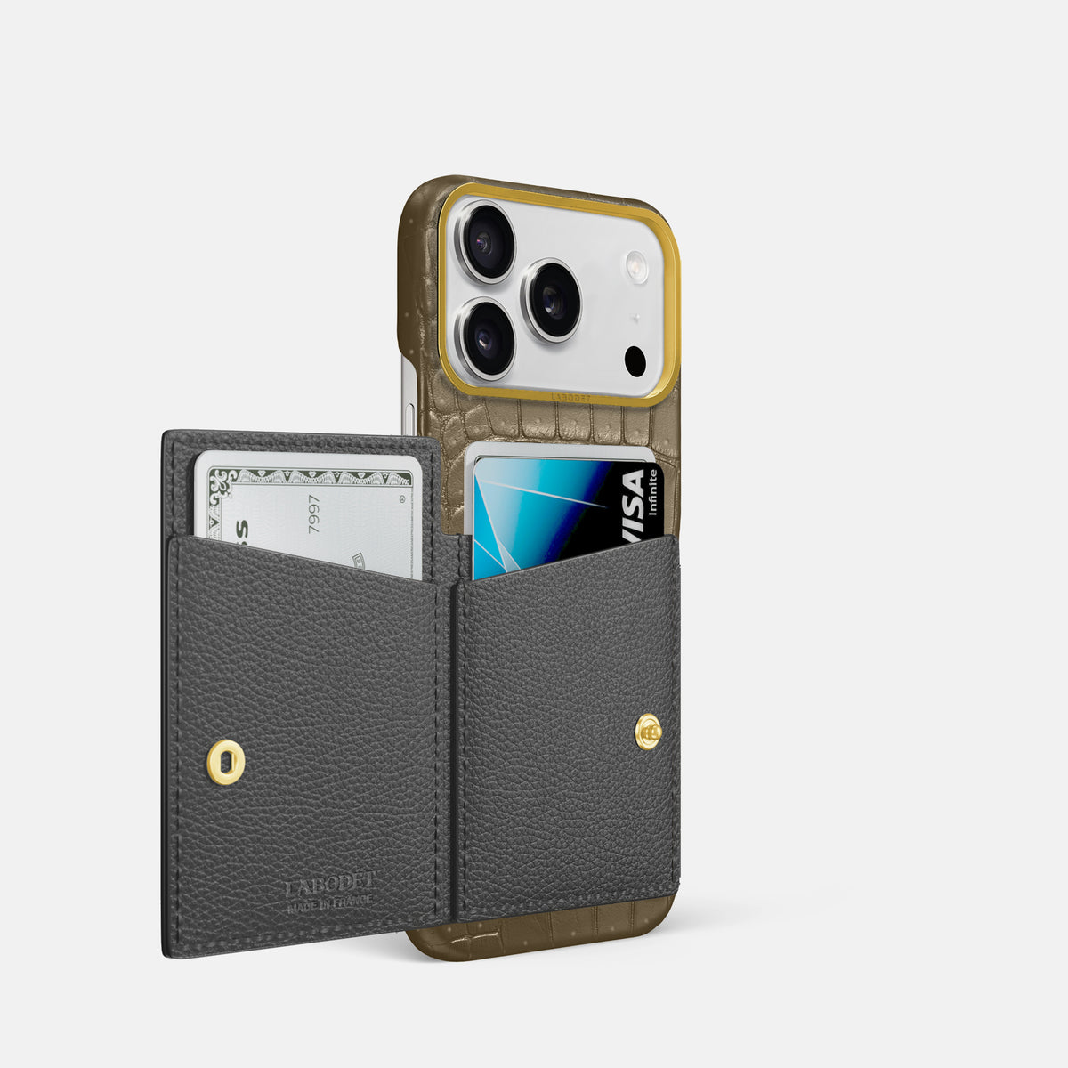 Bi-Fold Case For iPhone 17 Pro In Porosus Crocodile -2 | Kaki-Green-Gold
