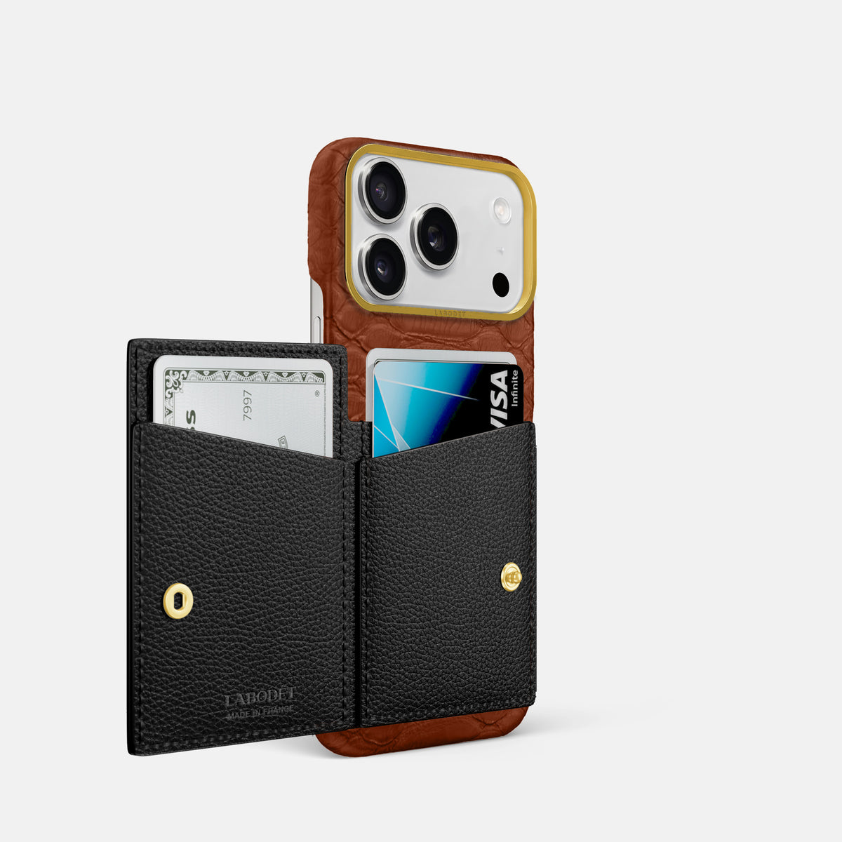 Bi-Fold Case For iPhone 17 Pro In Python -2 | Medium-Brown-Gold