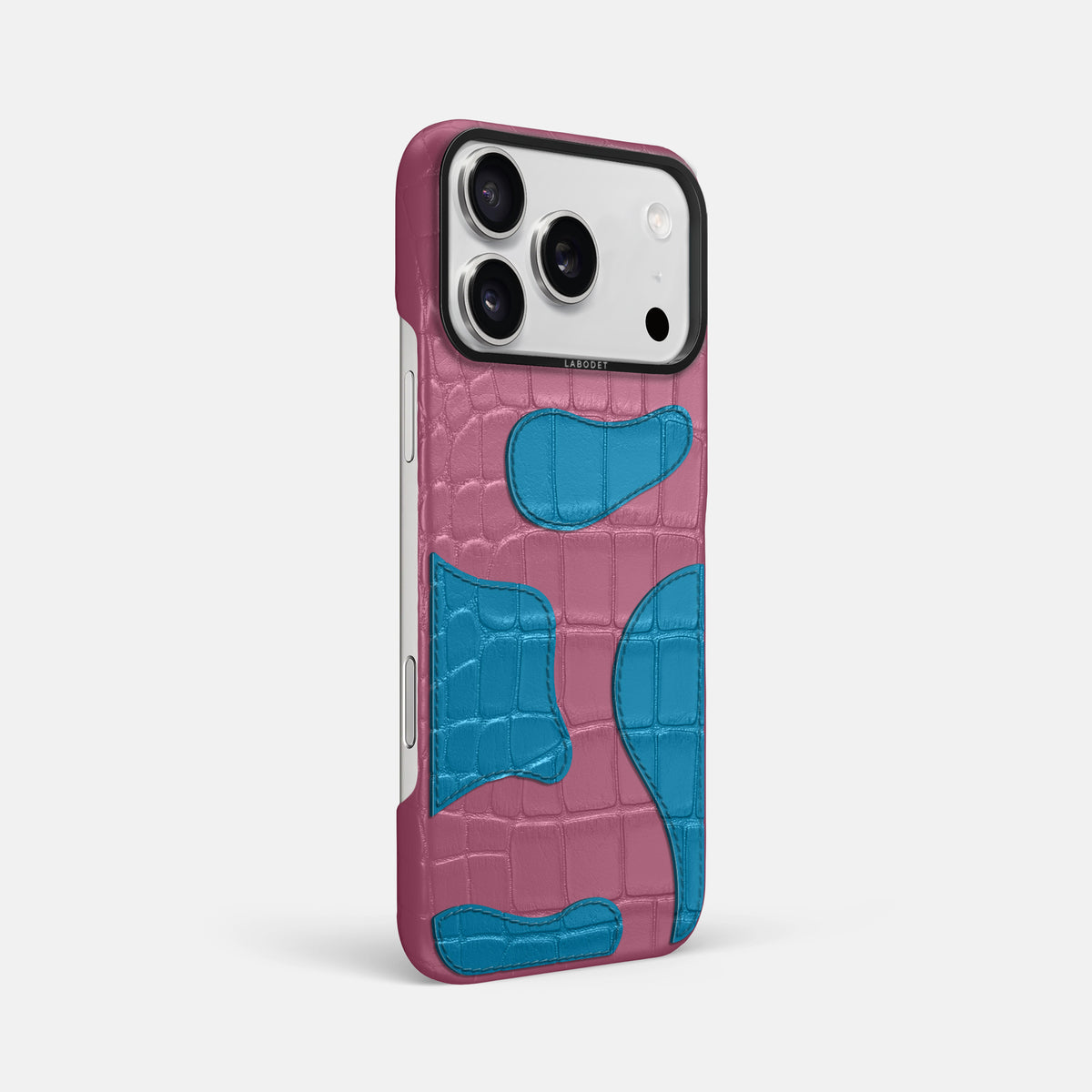Pink iPhone 17 Pro Max Camouflage Case In Alligator with Black Metal -2 | Pink-Lagoon-Black