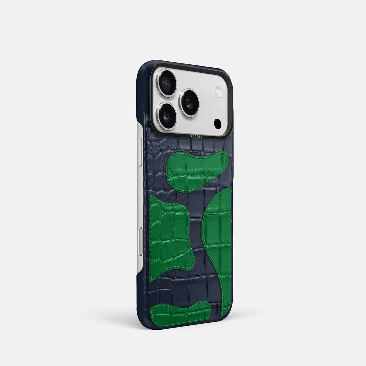 Navy Blue iPhone 17 Pro Camouflage Case In Alligator with Black Metal -2 | Navy-Blue-Black