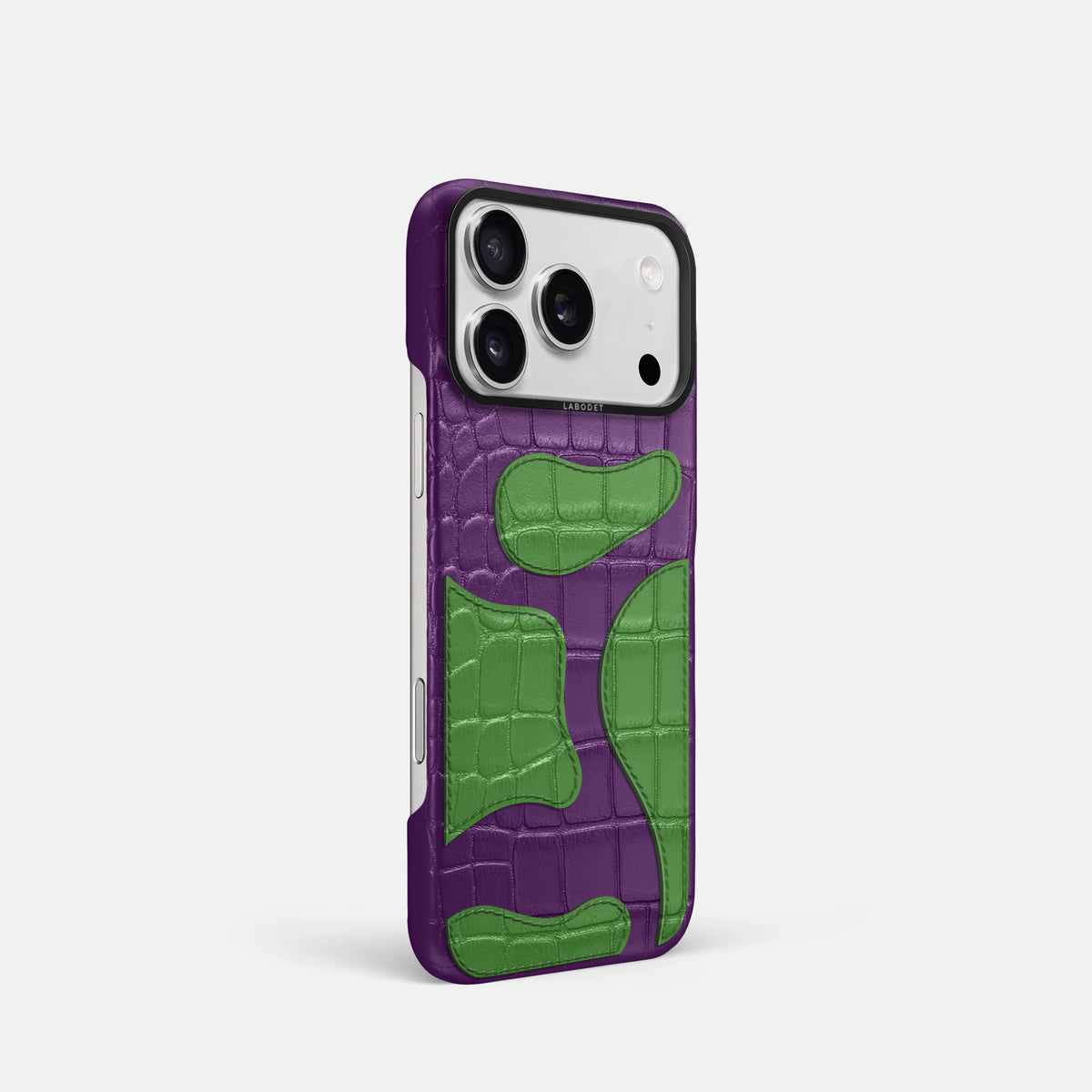 Purple iPhone 17 Pro Camouflage Case In Alligator with Black Metal -2 | Purple-Black