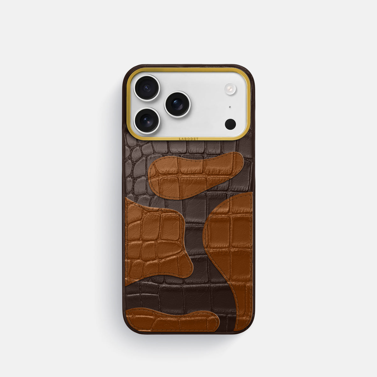 Dark-Brown iPhone 17 Pro Camouflage Case In Alligator with Gold Metal -1 | Dark-Brown-Gold