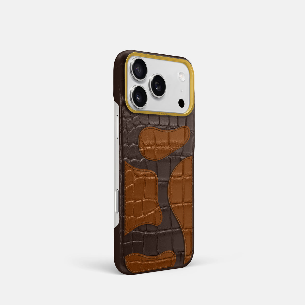 Dark-Brown iPhone 17 Pro Camouflage Case In Alligator with Gold Metal -2 | Dark-Brown-Gold