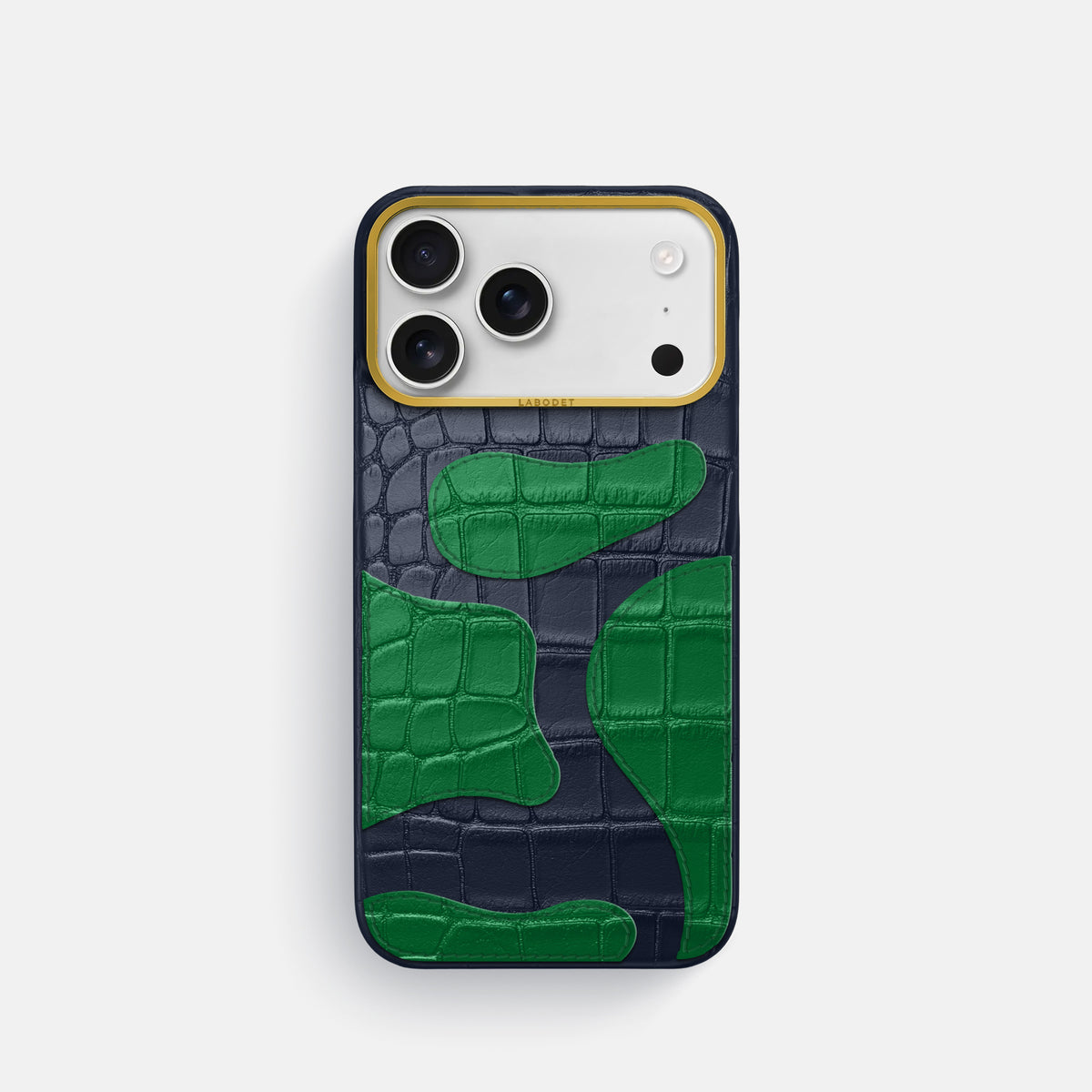 Navy Blue iPhone 17 Pro Camouflage Case In Alligator with Gold Metal -1 | Navy-Blue-Gold