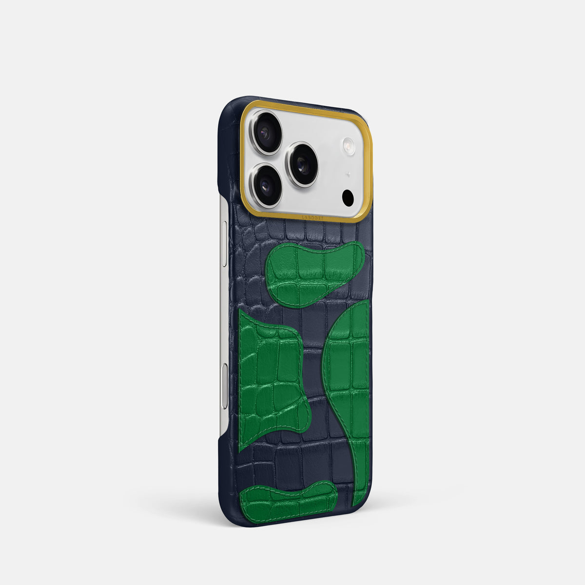 Navy Blue iPhone 17 Pro Camouflage Case In Alligator with Gold Metal -2 | Navy-Blue-Gold