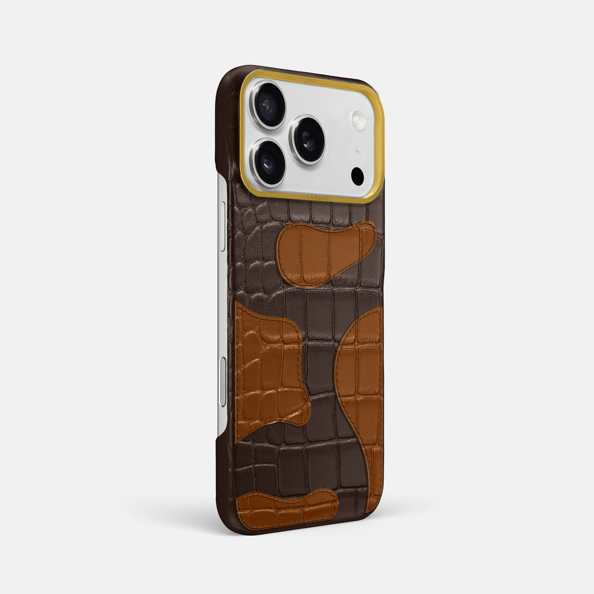 Dark-Brown iPhone 17 Pro Max Camouflage Case In Alligator with Gold Metal -2 | Dark-Brown-Gold
