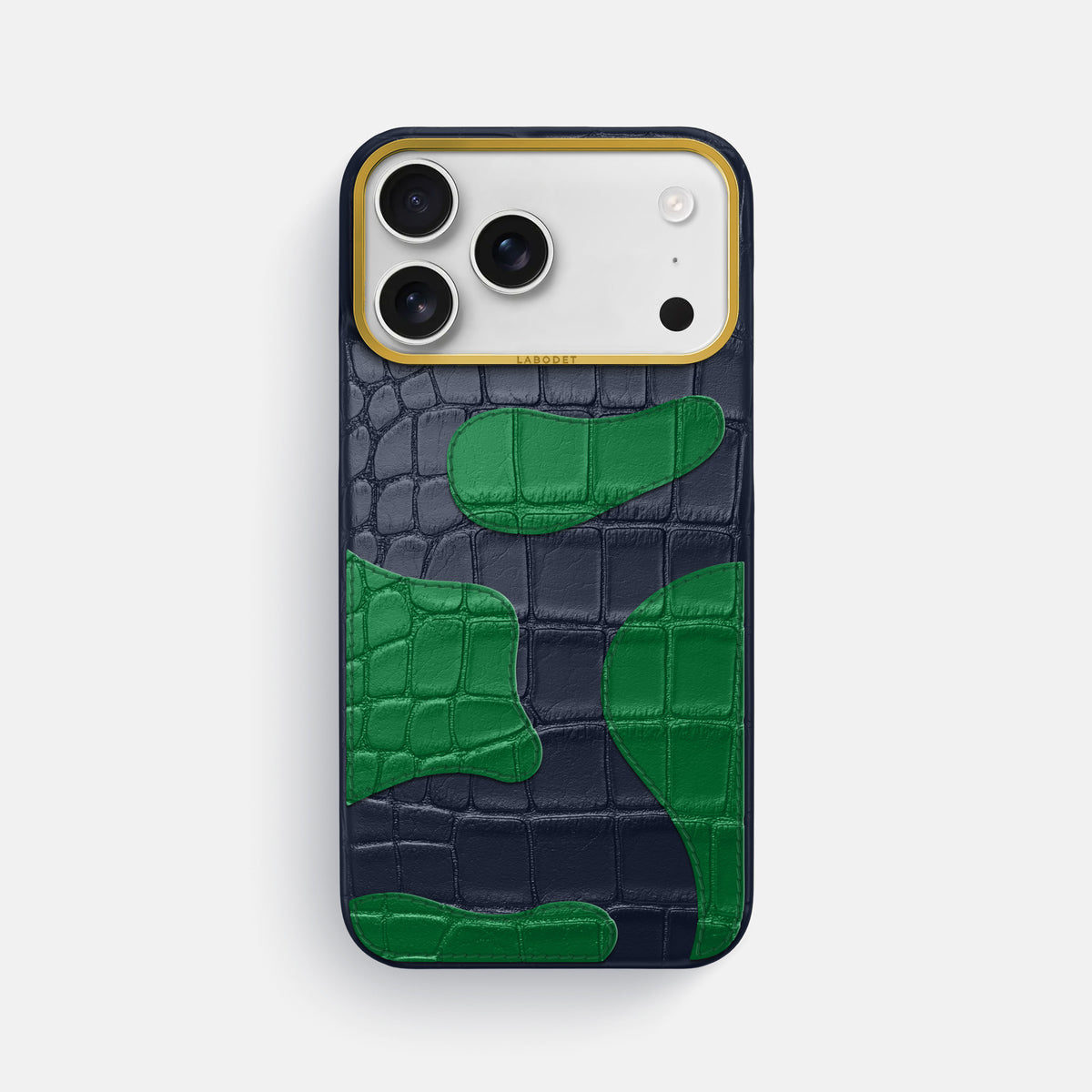 Navy Blue iPhone 17 Pro Max Camouflage Case In Alligator with Gold Metal -1 | Navy-Blue-Gold